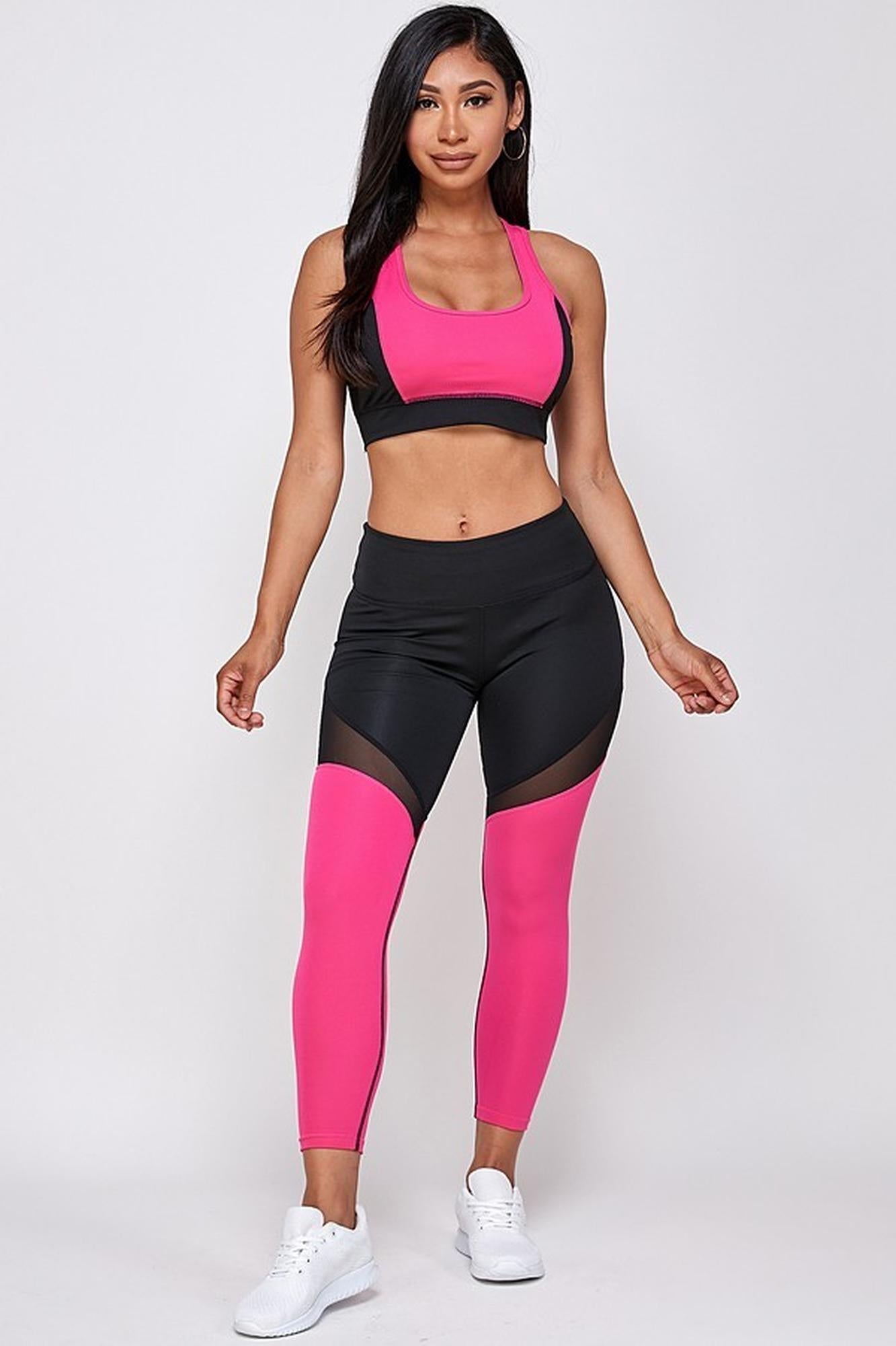 Wholesale Premium 2 Piece Fuchsia Color Block Bra Top and Leggings Sport Set