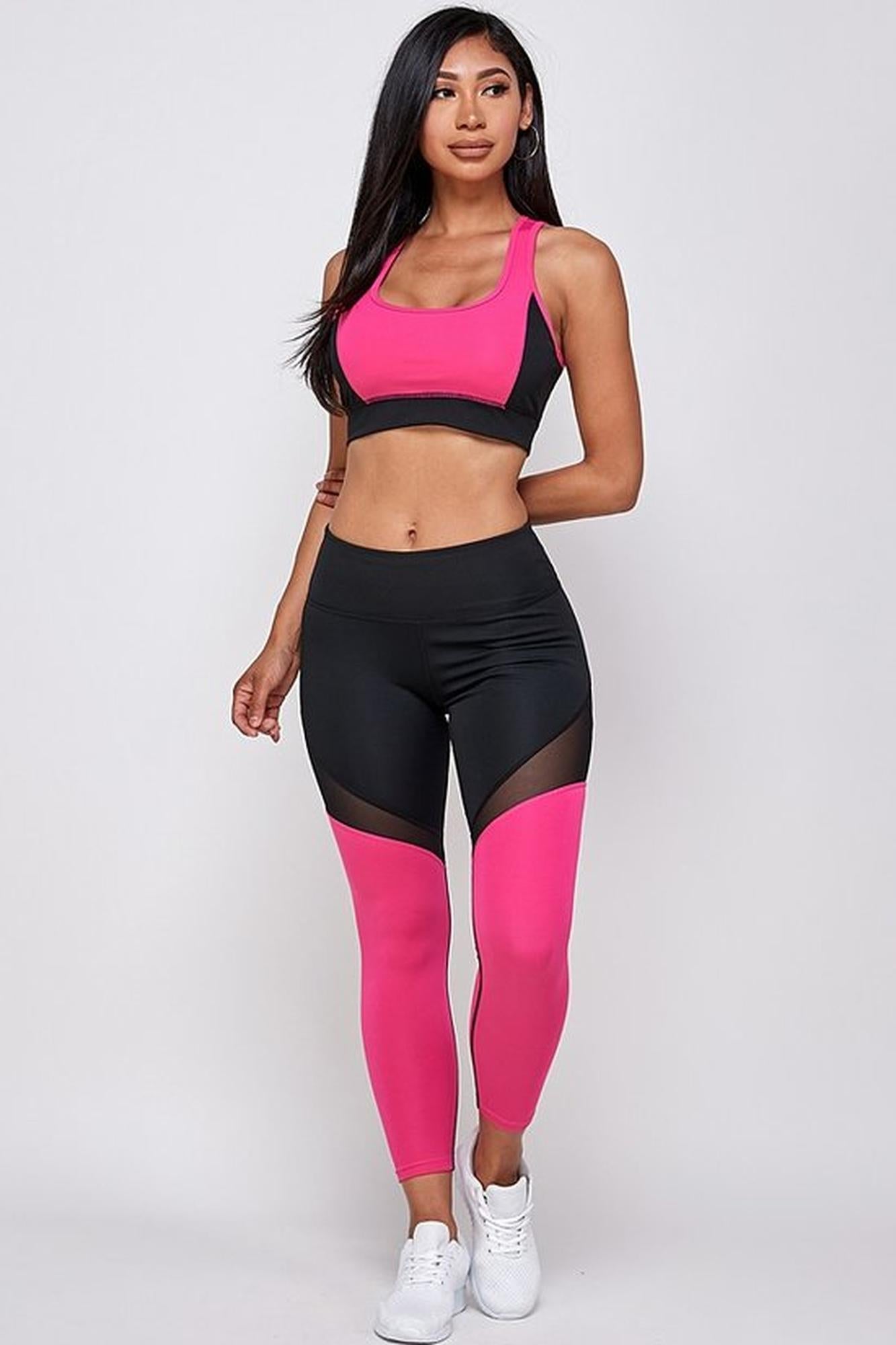 Wholesale Premium 2 Piece Fuchsia Color Block Bra Top and Leggings Sport Set