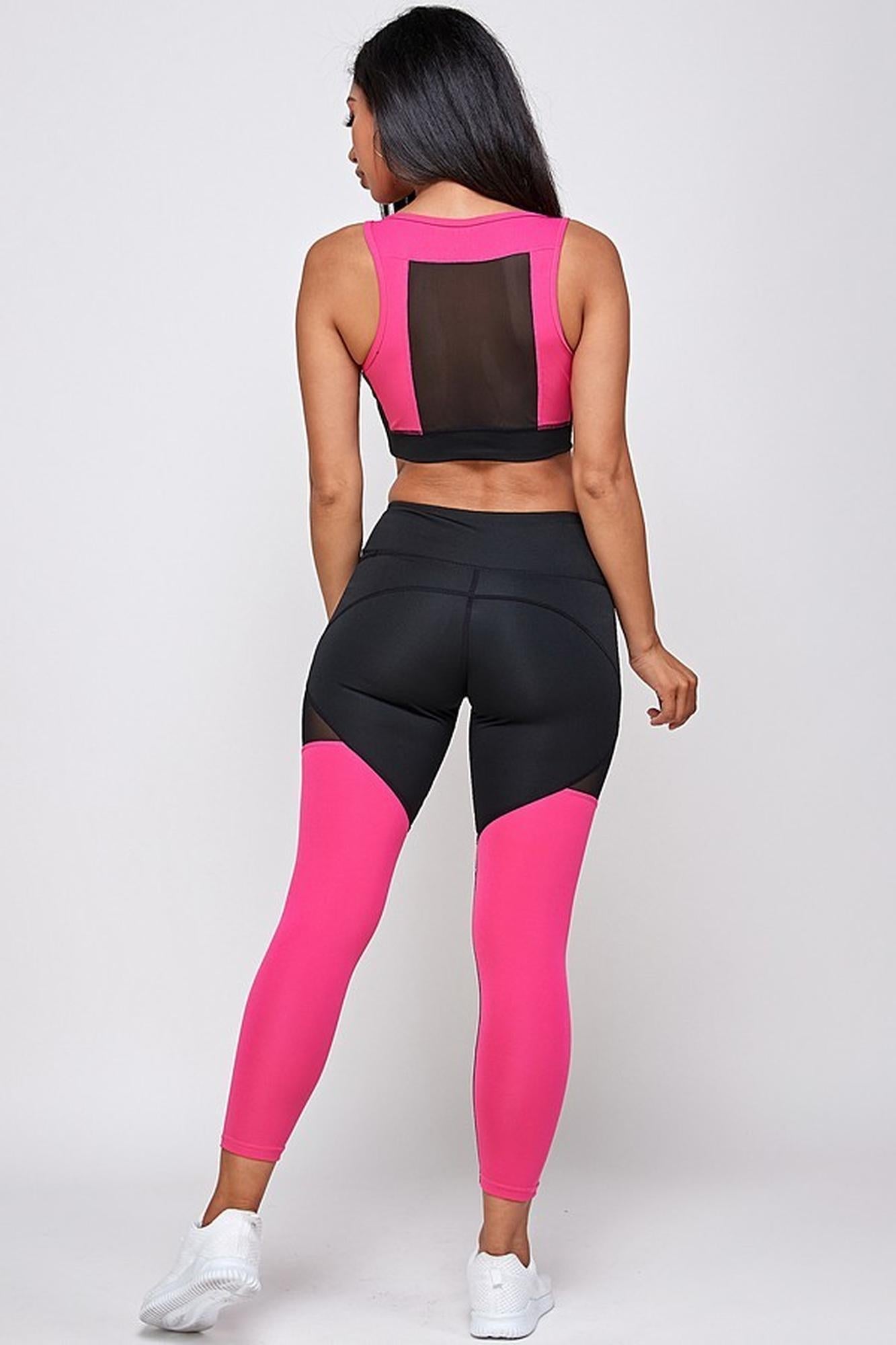 Wholesale Premium 2 Piece Fuchsia Color Block Bra Top and Leggings Sport Set