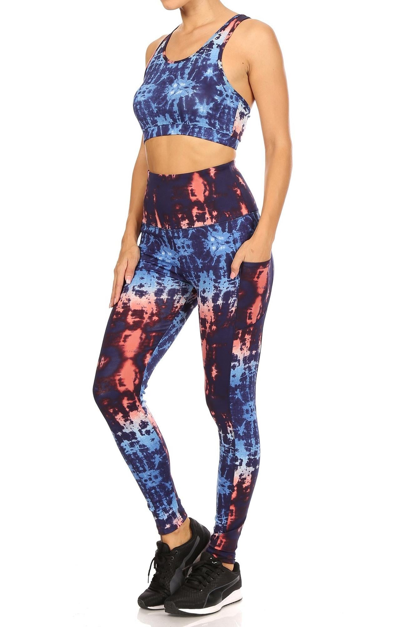 Wholesale High Waisted Blue Tie Dye Sports Leggings and Crop - 2 Piece Set