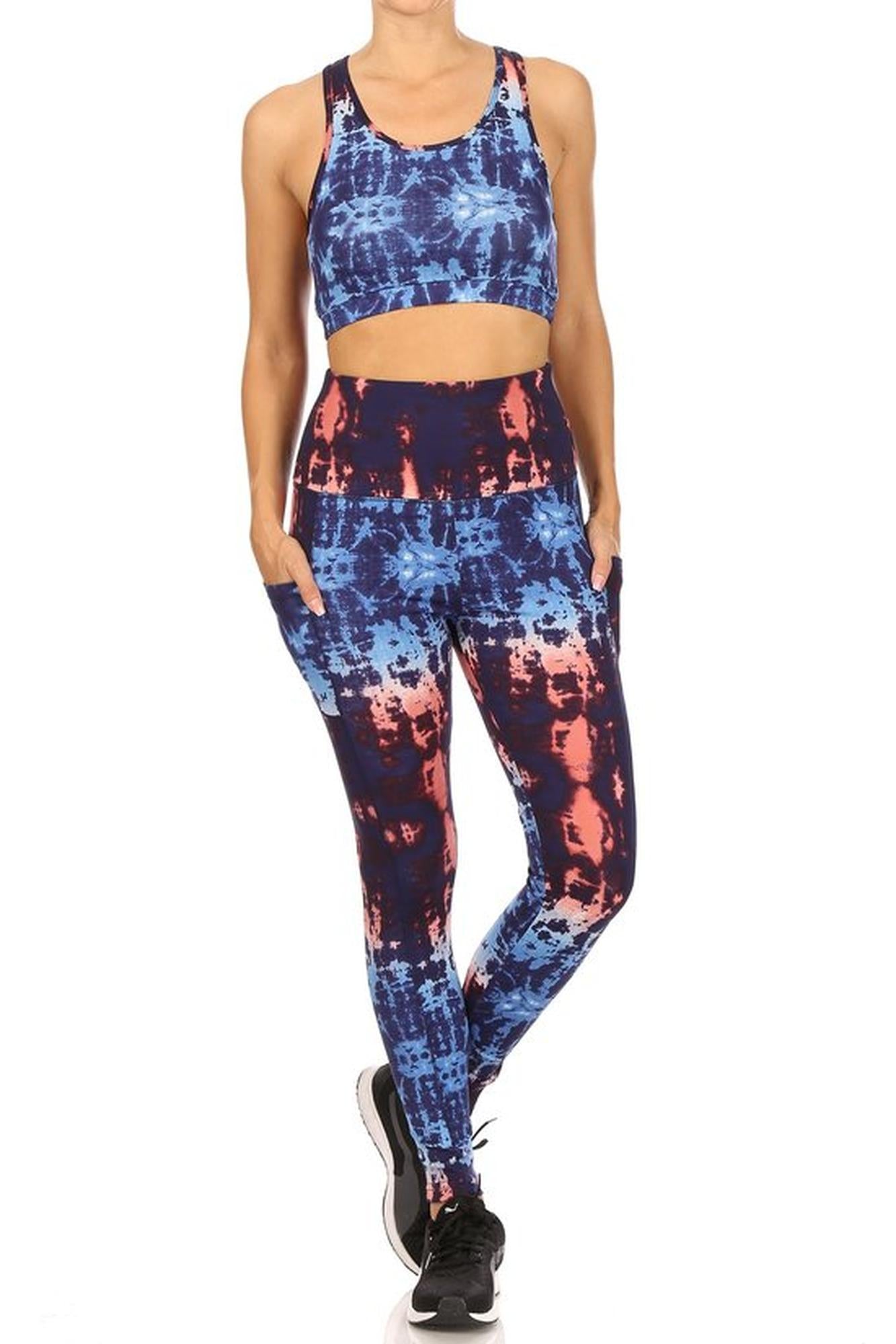 Wholesale High Waisted Blue Tie Dye Sports Leggings and Crop - 2 Piece Set