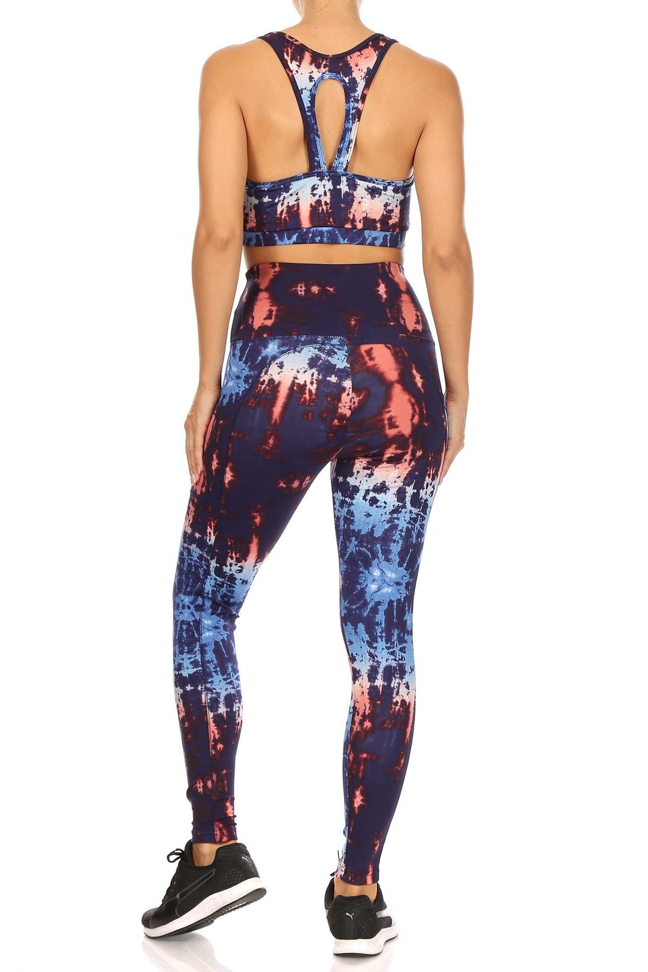 Wholesale High Waisted Blue Tie Dye Sports Leggings and Crop - 2 Piece Set