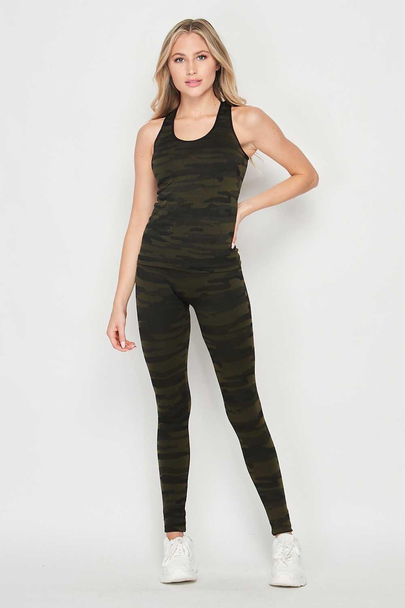 Wholesale 2 Piece Seamless Olive Camouflage Tank Top and Legging Set