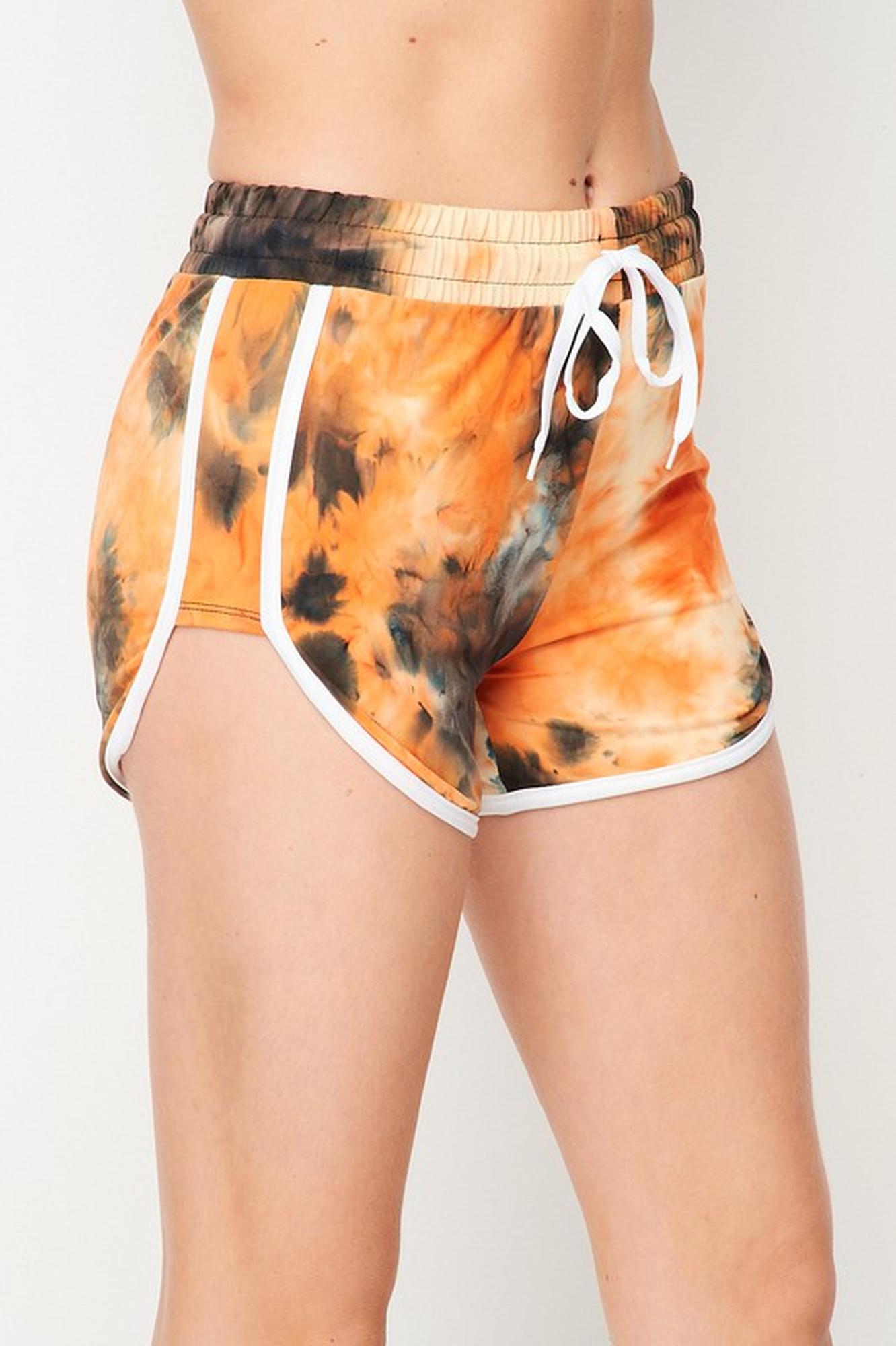 Wholesale Buttery Smooth Orange Tie Dye Side Striped Drawstring Waist Dolphin Shorts