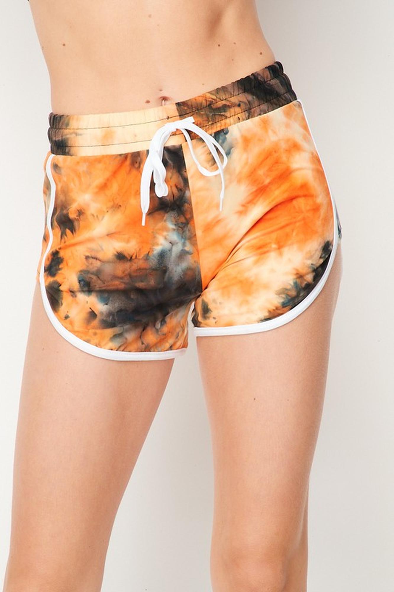 Wholesale Buttery Smooth Orange Tie Dye Side Striped Drawstring Waist Dolphin Shorts