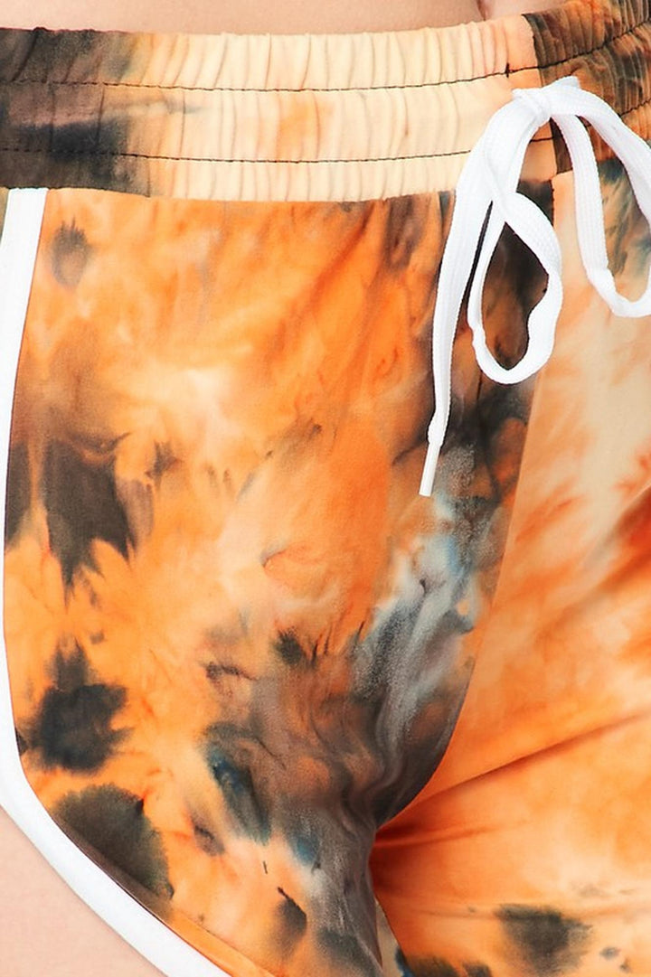 Wholesale Buttery Smooth Orange Tie Dye Side Striped Drawstring Waist Dolphin Shorts
