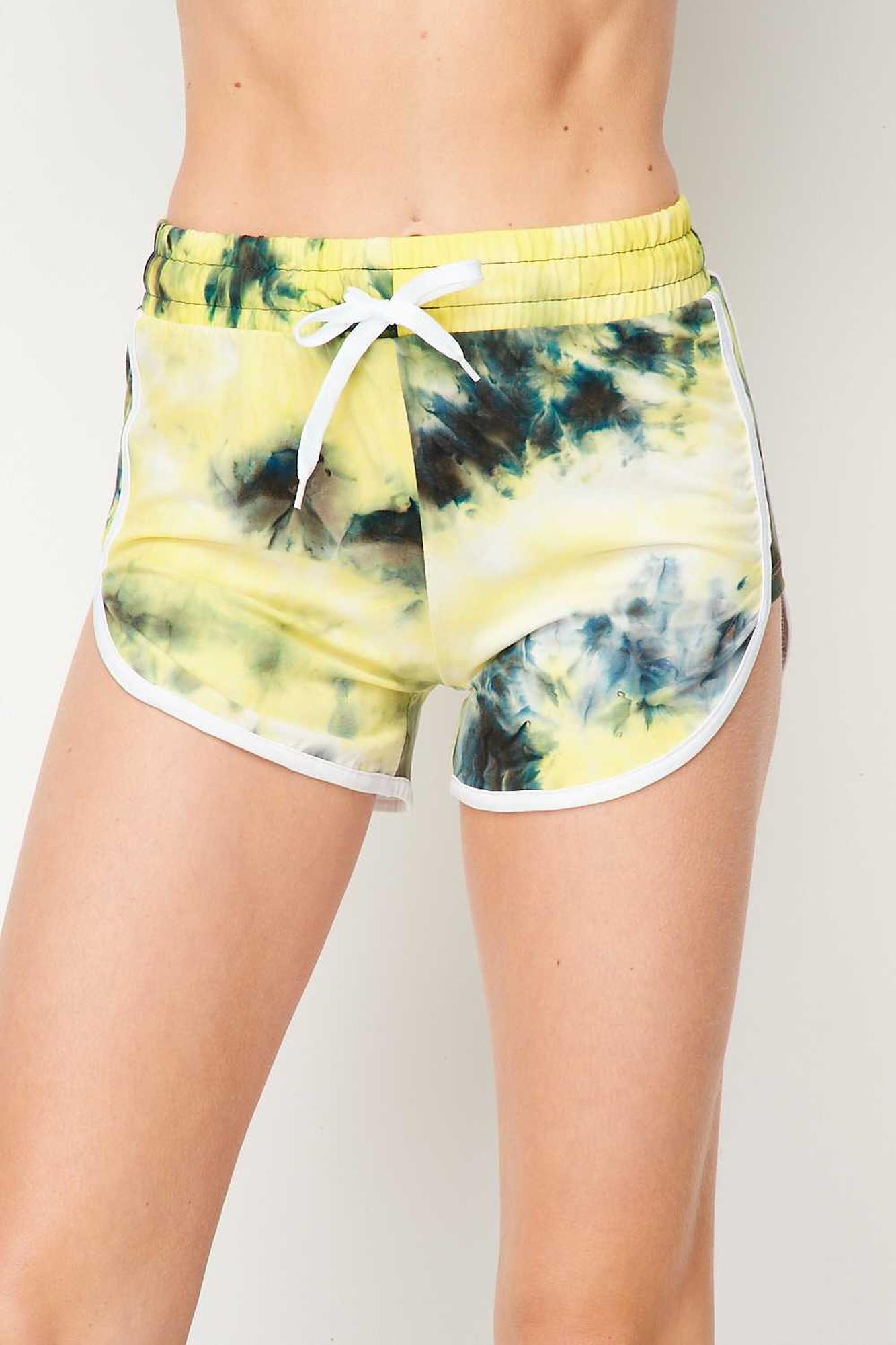Wholesale Buttery Smooth Yellow Tie Dye Side Striped Drawstring Waist Dolphin Shorts