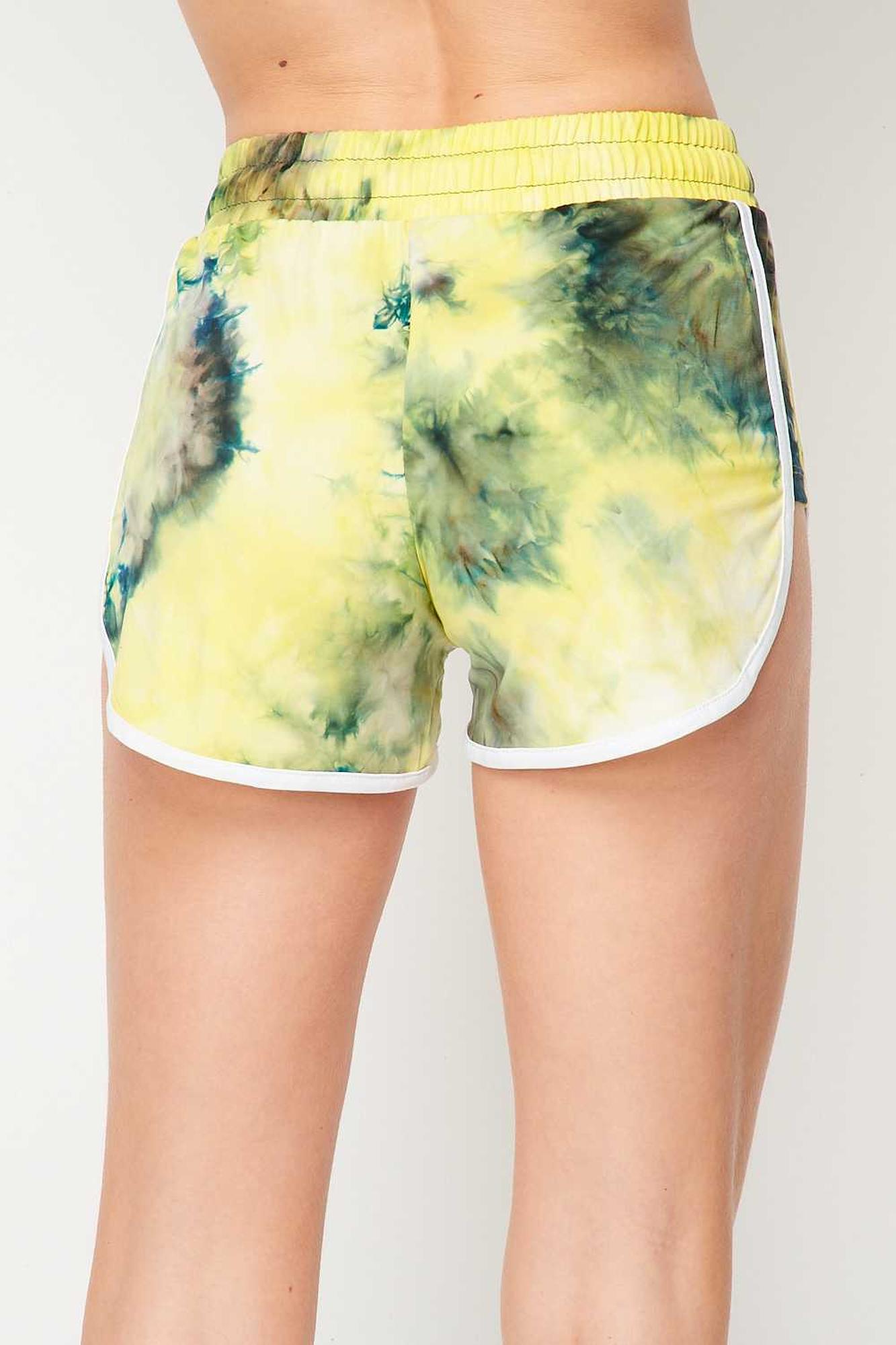 Wholesale Buttery Smooth Yellow Tie Dye Side Striped Drawstring Waist Dolphin Shorts