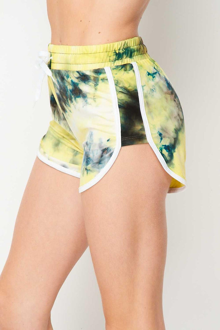Wholesale Buttery Smooth Yellow Tie Dye Side Striped Drawstring Waist Dolphin Shorts