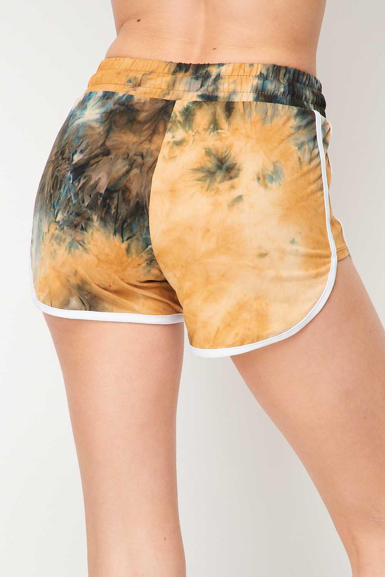 Wholesale Buttery Smooth Camel Tie Dye Side Striped Drawstring Waist Dolphin Shorts