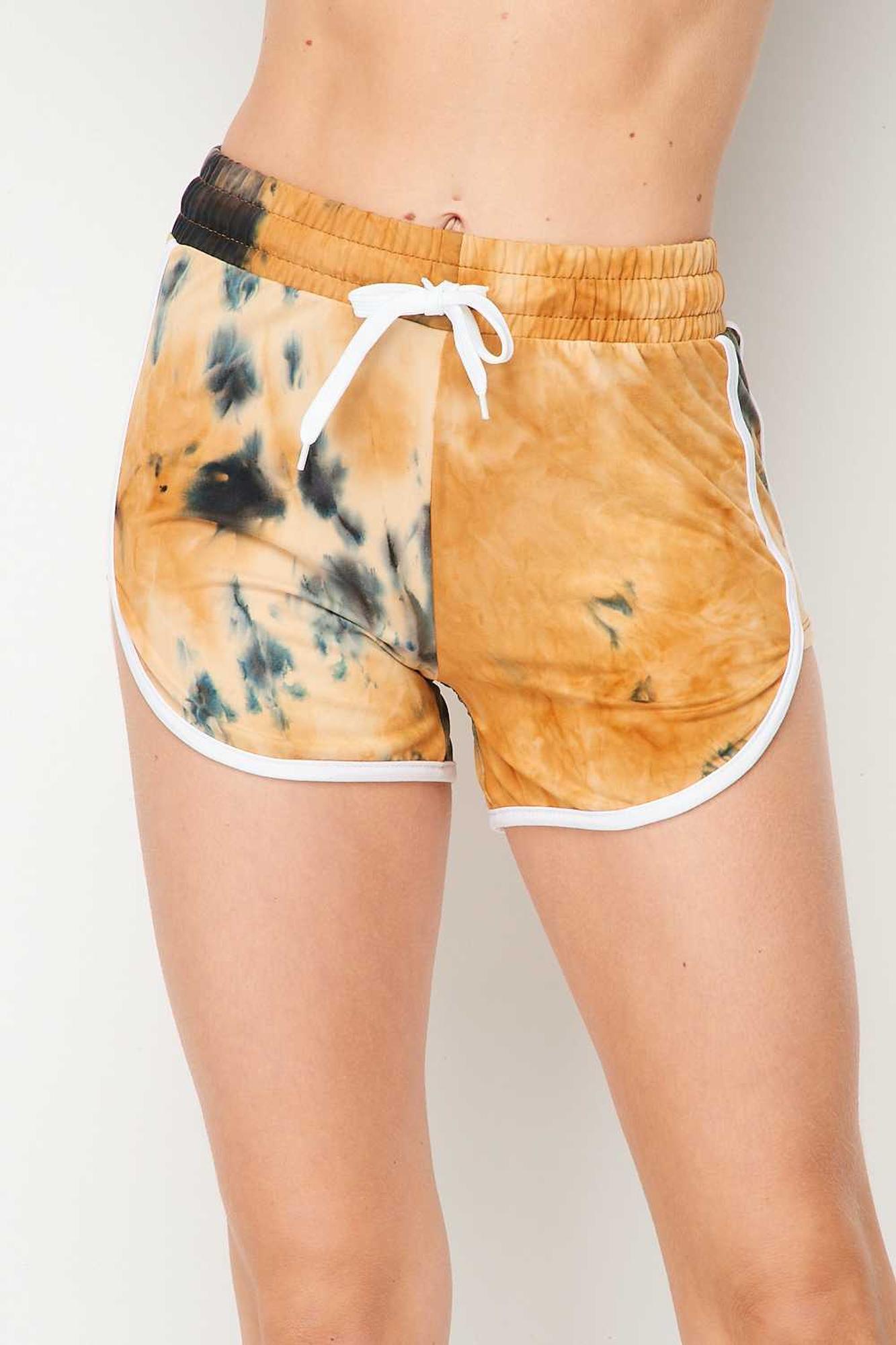 Wholesale Buttery Smooth Camel Tie Dye Side Striped Drawstring Waist Dolphin Shorts