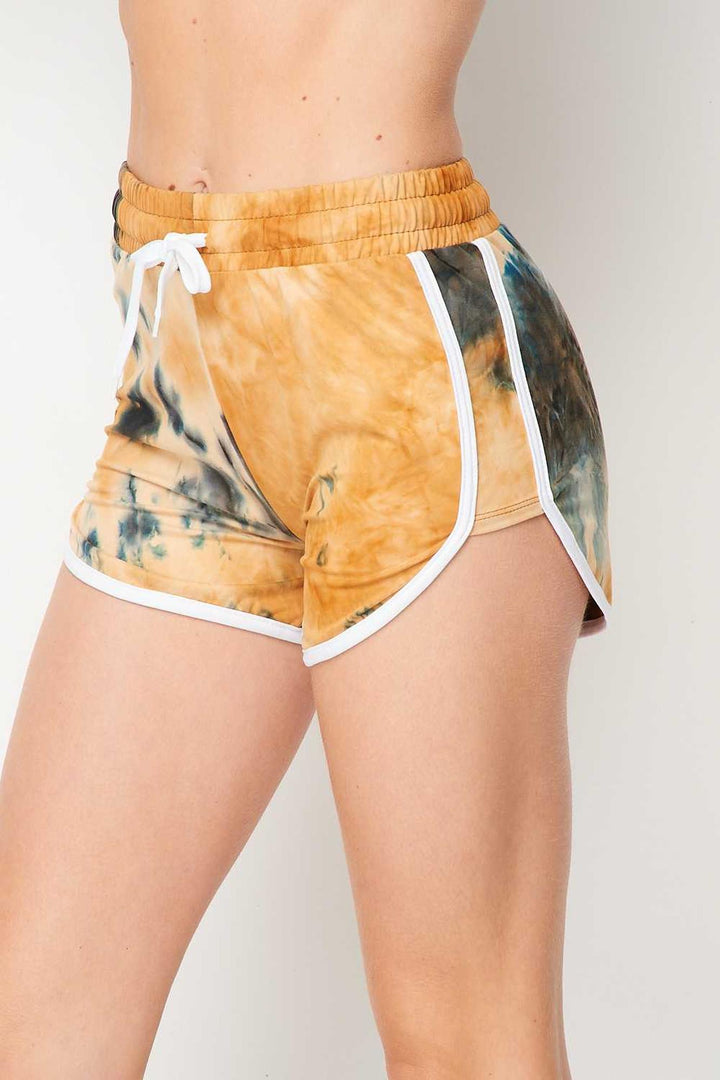 Wholesale Buttery Smooth Camel Tie Dye Side Striped Drawstring Waist Dolphin Shorts