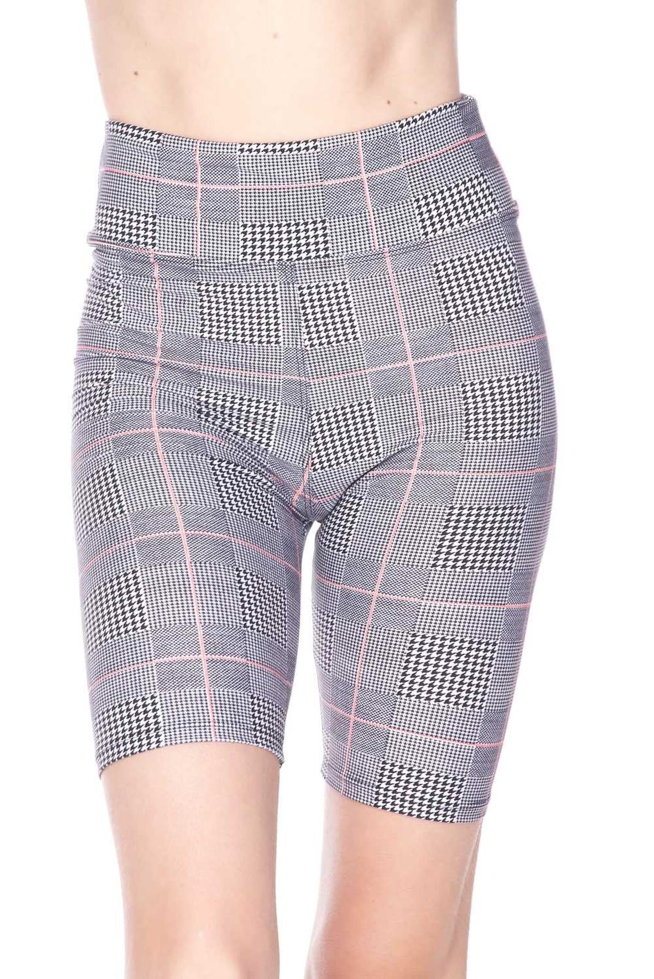 Wholesale Buttery Smooth Coral Accent Glenn Plaid Biker Shorts - 3 Inch Waist Band