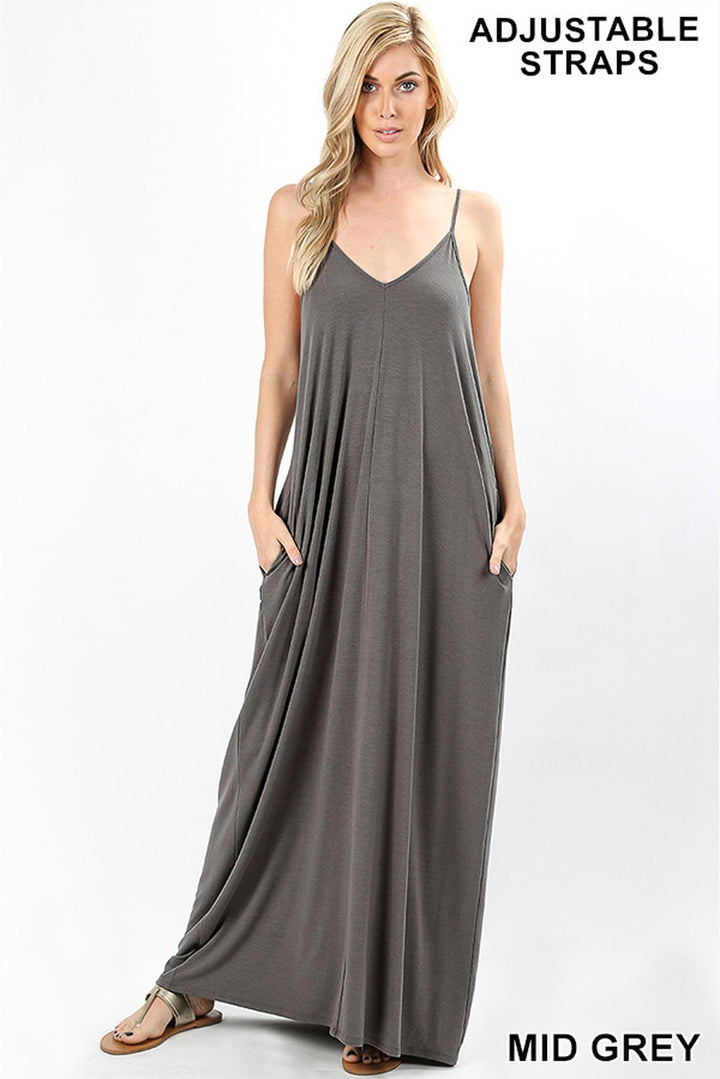 Wholesale Adjustable V-Neck Rayon Maxi Dress with Pockets - 51 Inch Length