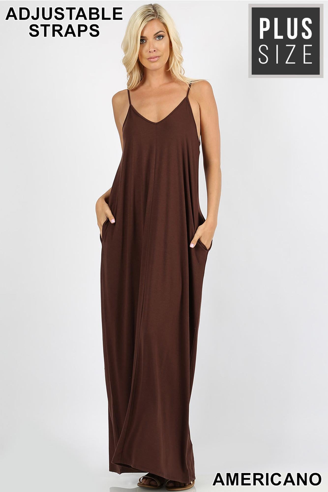 Wholesale Adjustable V-Neck Rayon Maxi Dress with Pockets - 51 Inch Length