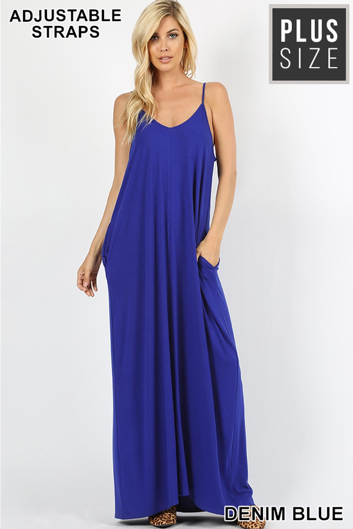Wholesale Adjustable V-Neck Rayon Maxi Dress with Pockets - 51 Inch Length