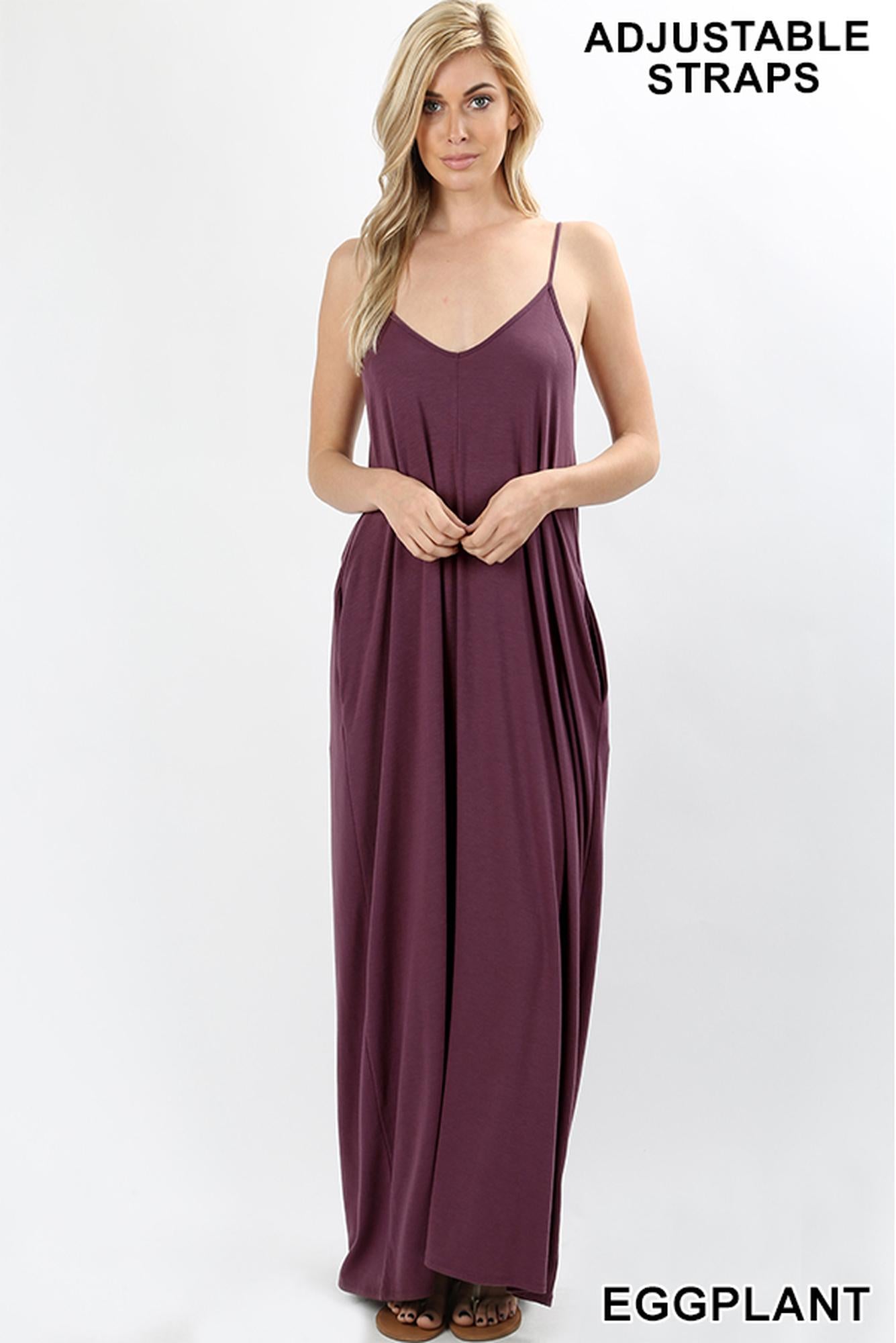 Wholesale Adjustable V-Neck Rayon Maxi Dress with Pockets - 51 Inch Length