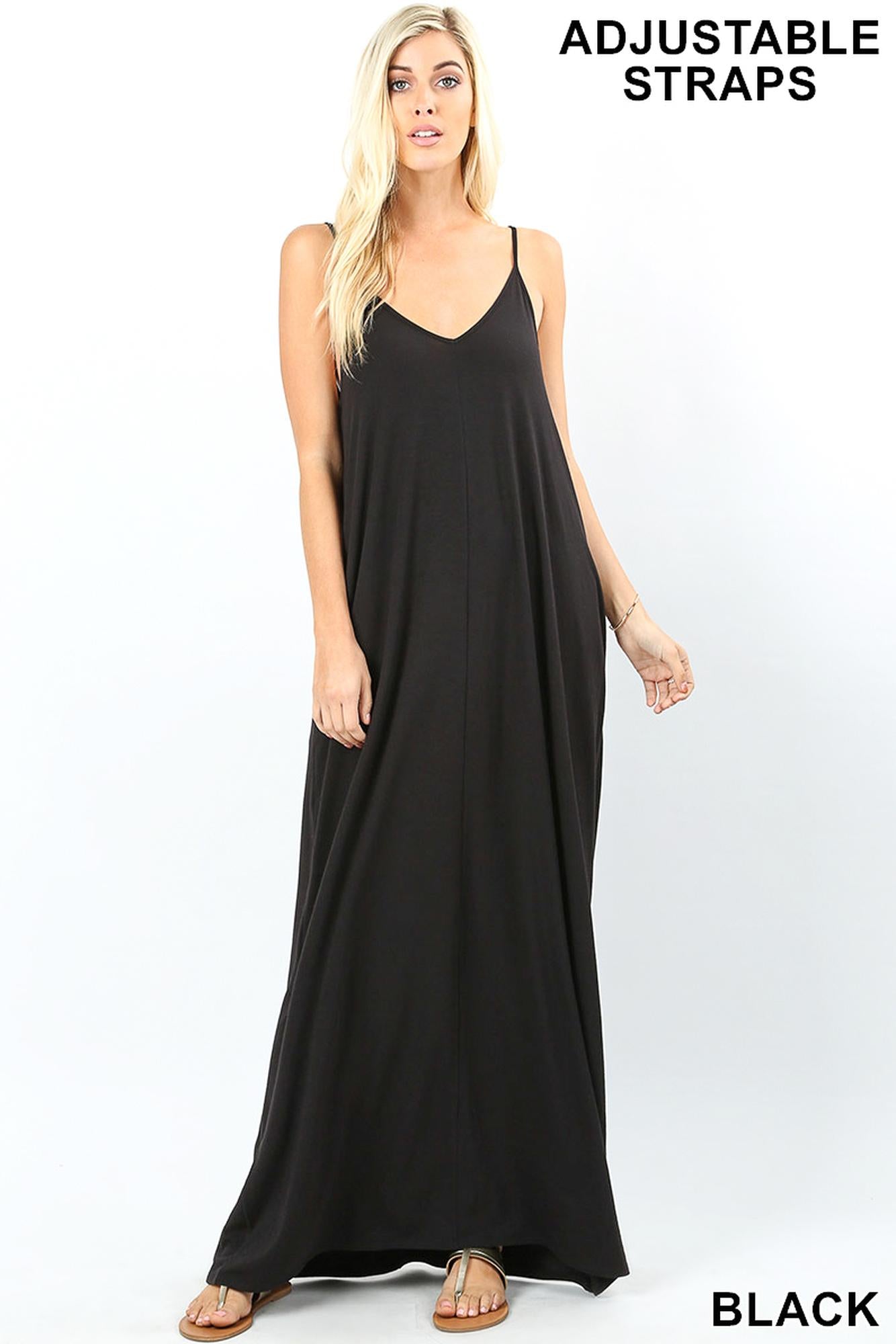 Wholesale Adjustable V-Neck Rayon Maxi Dress with Pockets - 51 Inch Length