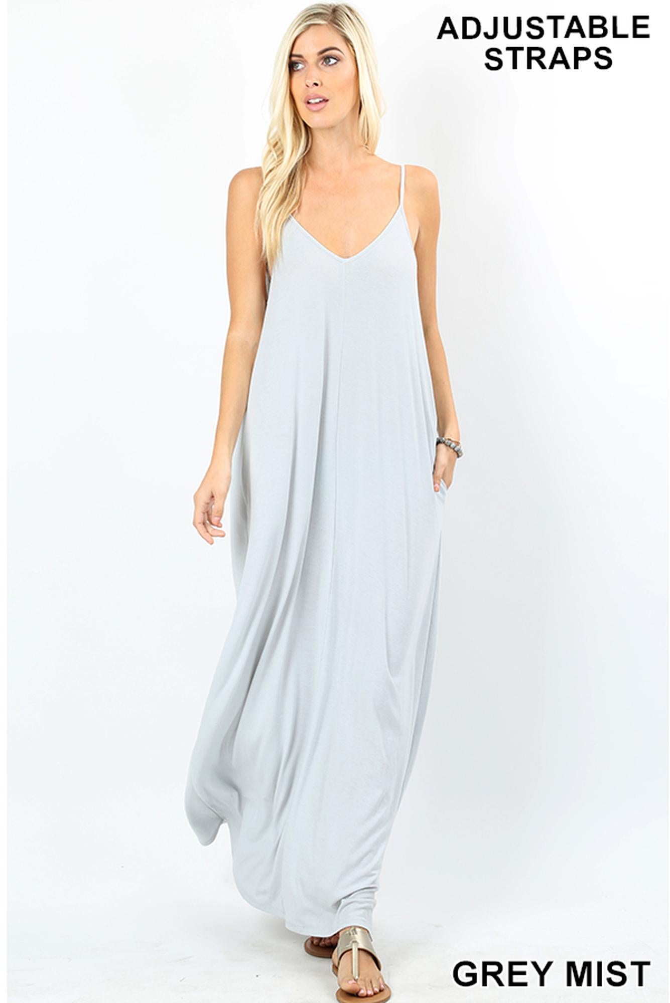 Wholesale Adjustable V-Neck Rayon Maxi Dress with Pockets - 51 Inch Length