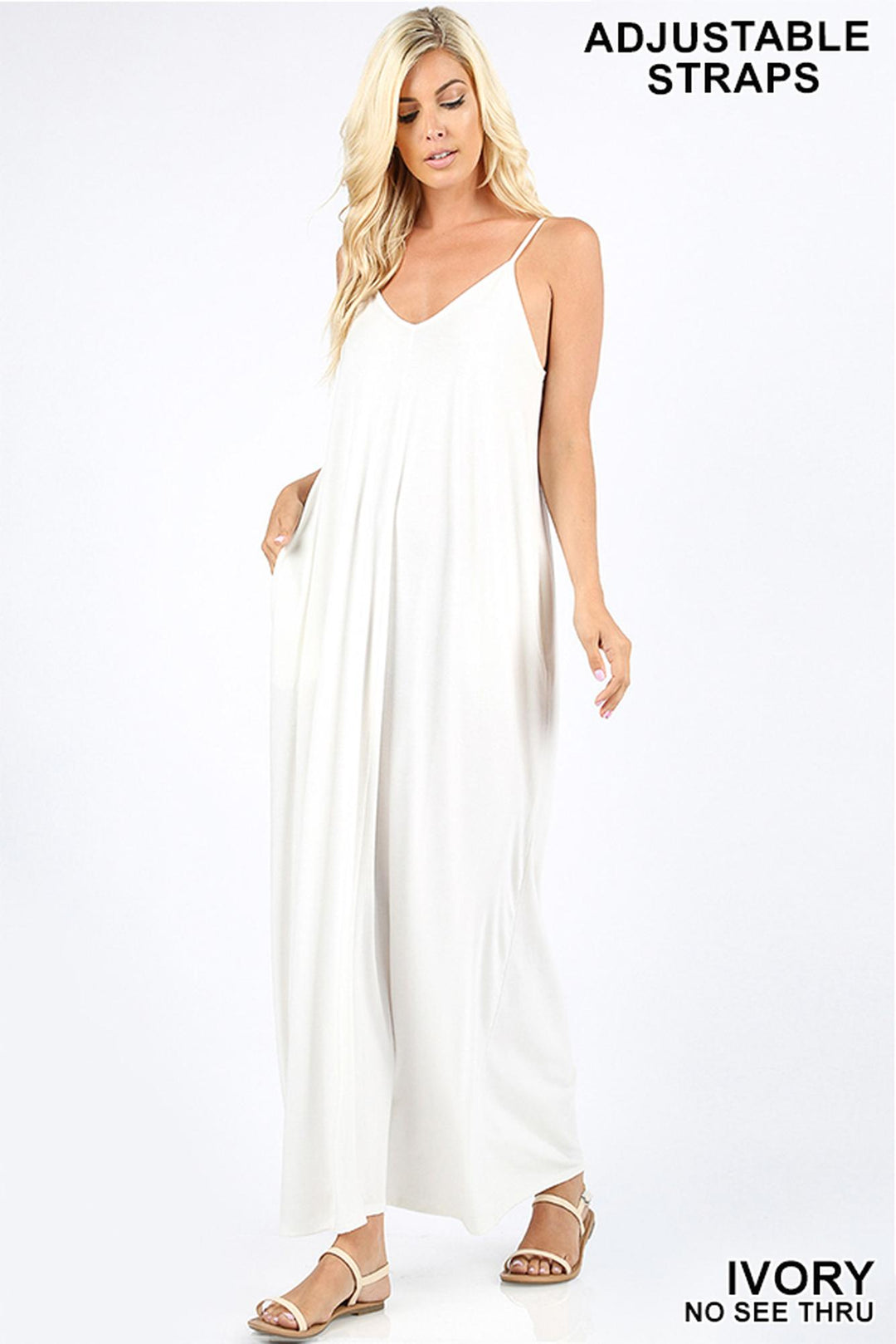 Wholesale Adjustable V-Neck Rayon Maxi Dress with Pockets - 51 Inch Length