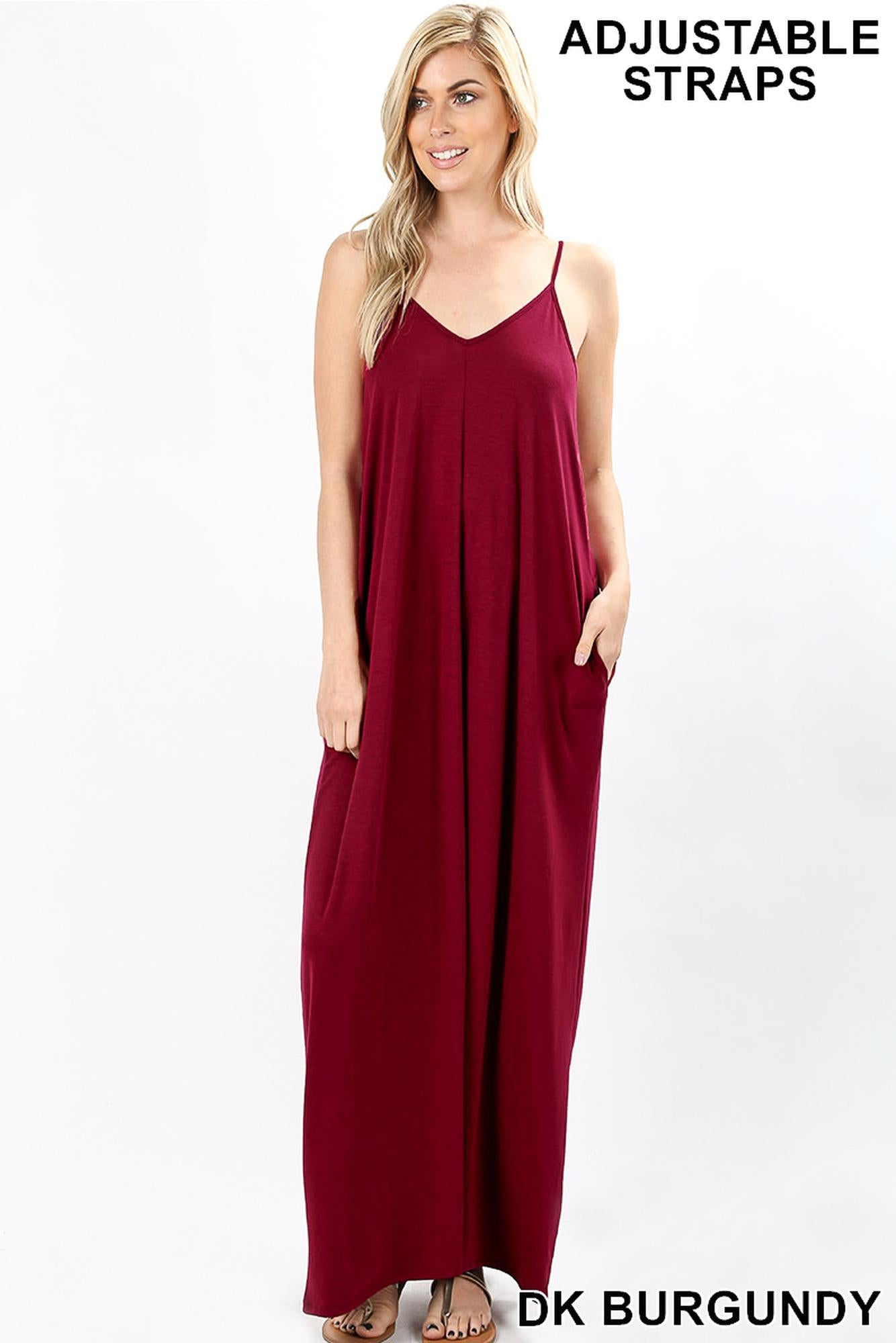 Wholesale Adjustable V-Neck Rayon Maxi Dress with Pockets - 51 Inch Length