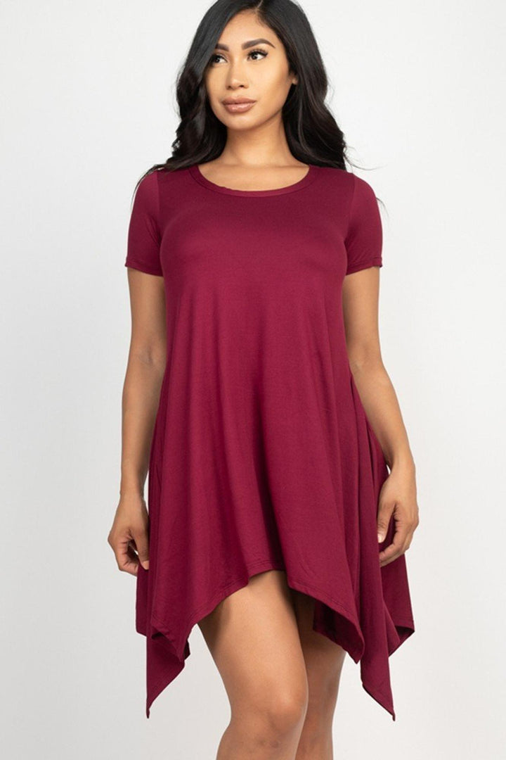 Wholesale Solid Asymmetrical Short Sleeve Trapeze Dress