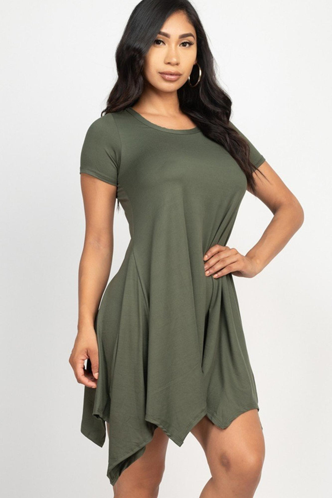 Wholesale Solid Asymmetrical Short Sleeve Trapeze Dress