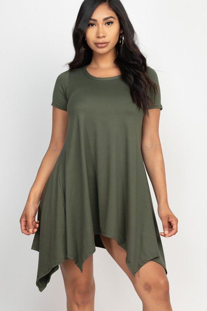Wholesale Solid Asymmetrical Short Sleeve Trapeze Dress
