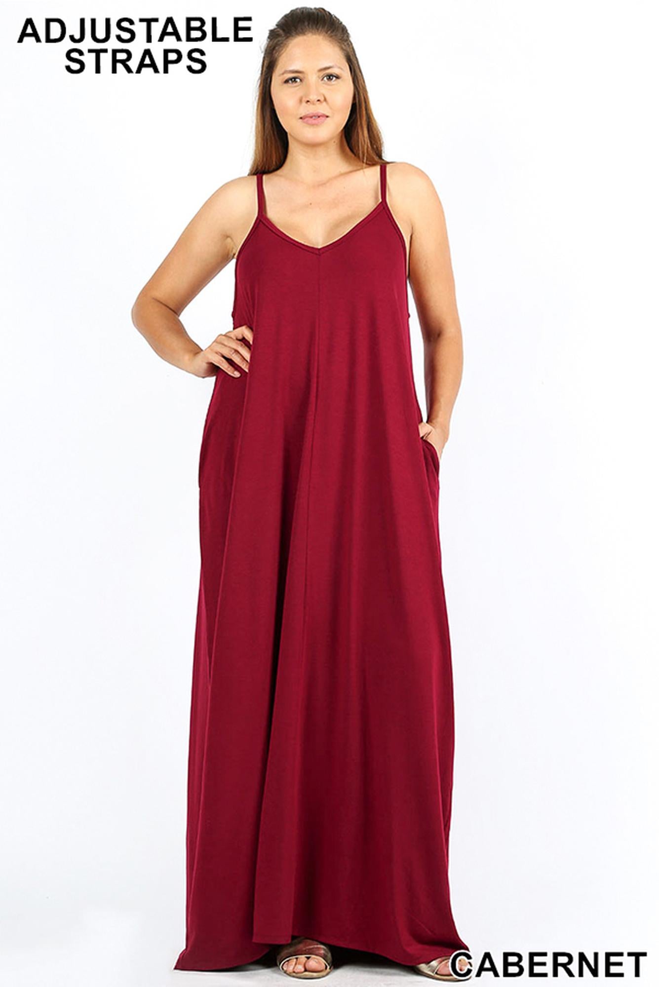 Wholesale Adjustable V-Neck Rayon Plus Size Maxi Dress with Pockets - 51 Inch Length