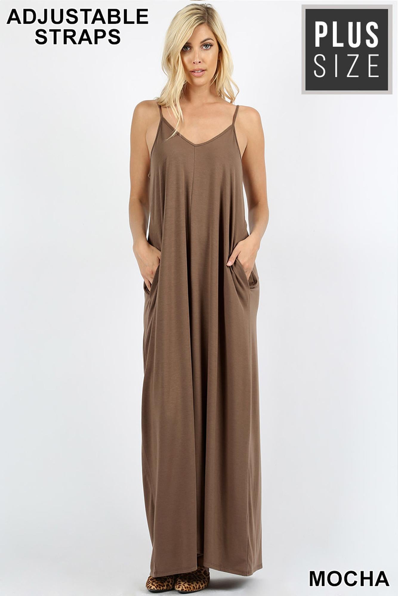 Wholesale Adjustable V-Neck Rayon Plus Size Maxi Dress with Pockets - 51 Inch Length