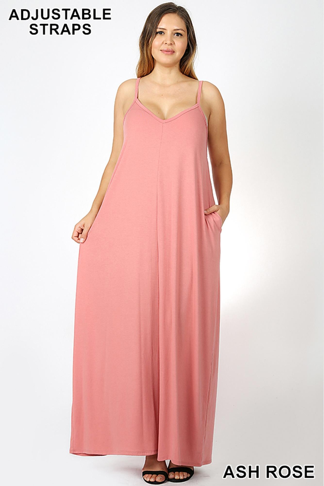 Wholesale Adjustable V-Neck Rayon Plus Size Maxi Dress with Pockets - 51 Inch Length
