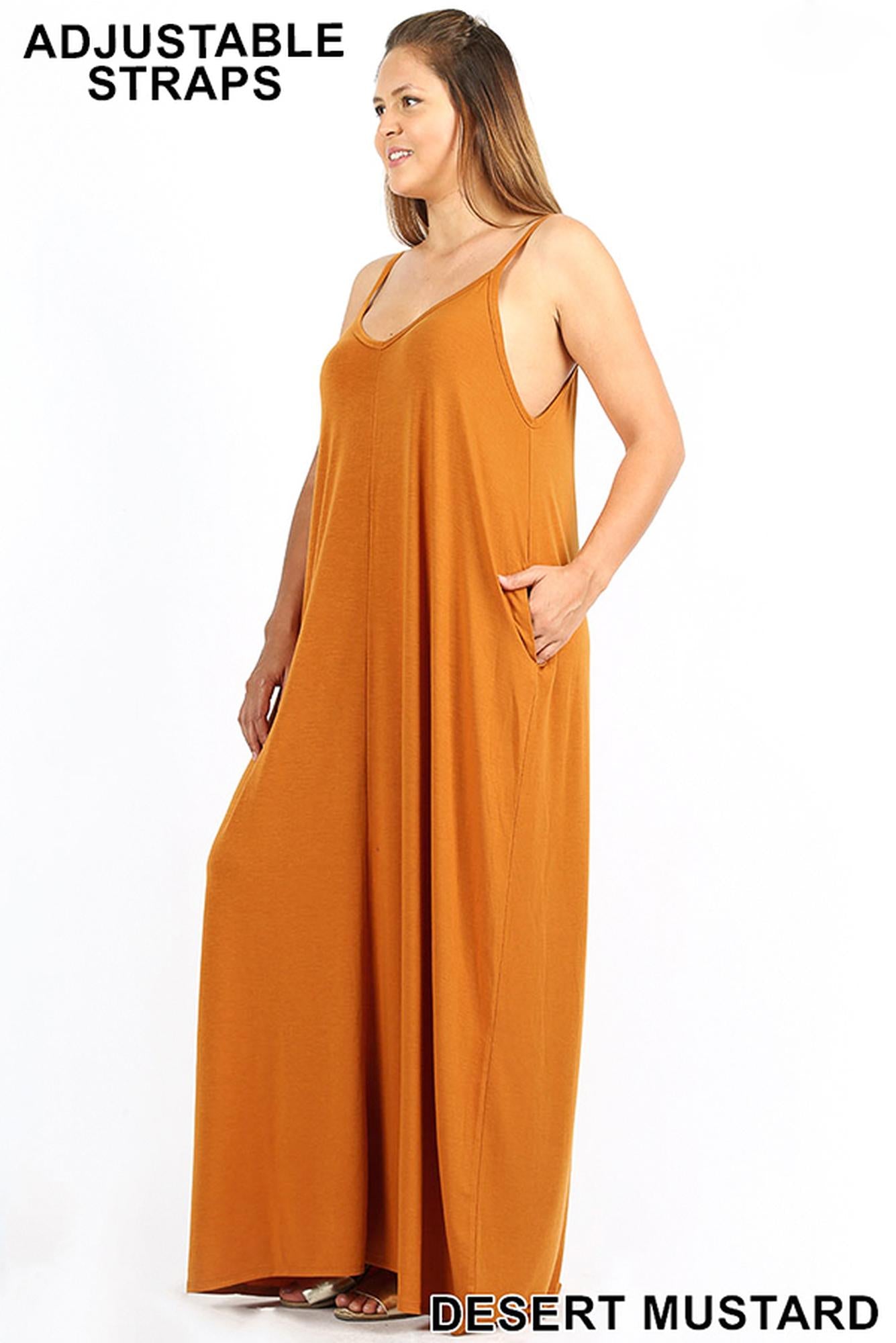 Wholesale Adjustable V-Neck Rayon Plus Size Maxi Dress with Pockets - 51 Inch Length
