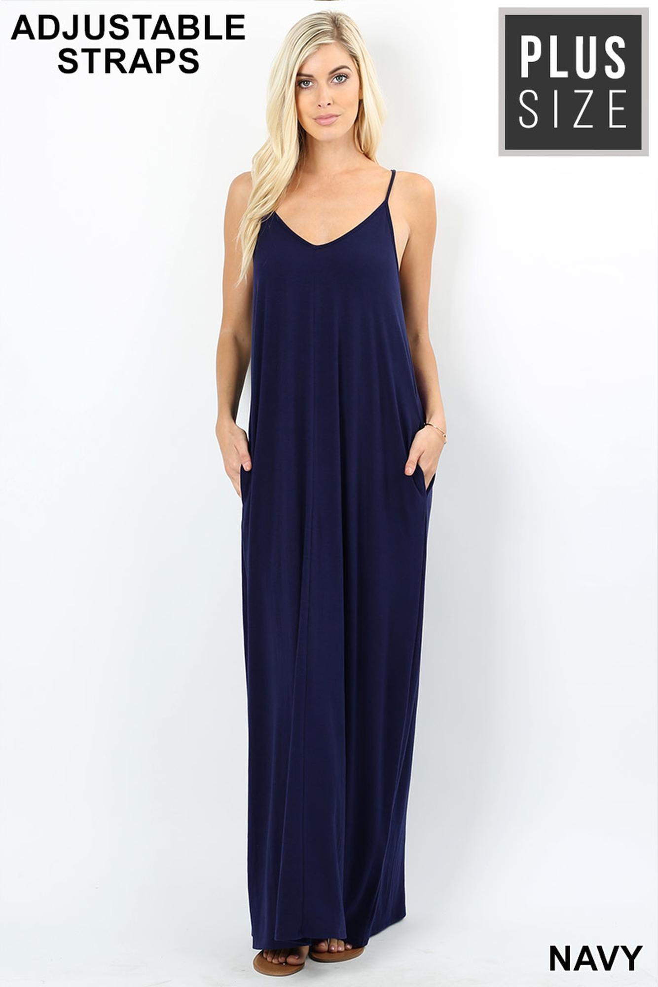 Wholesale Adjustable V-Neck Rayon Plus Size Maxi Dress with Pockets - 51 Inch Length