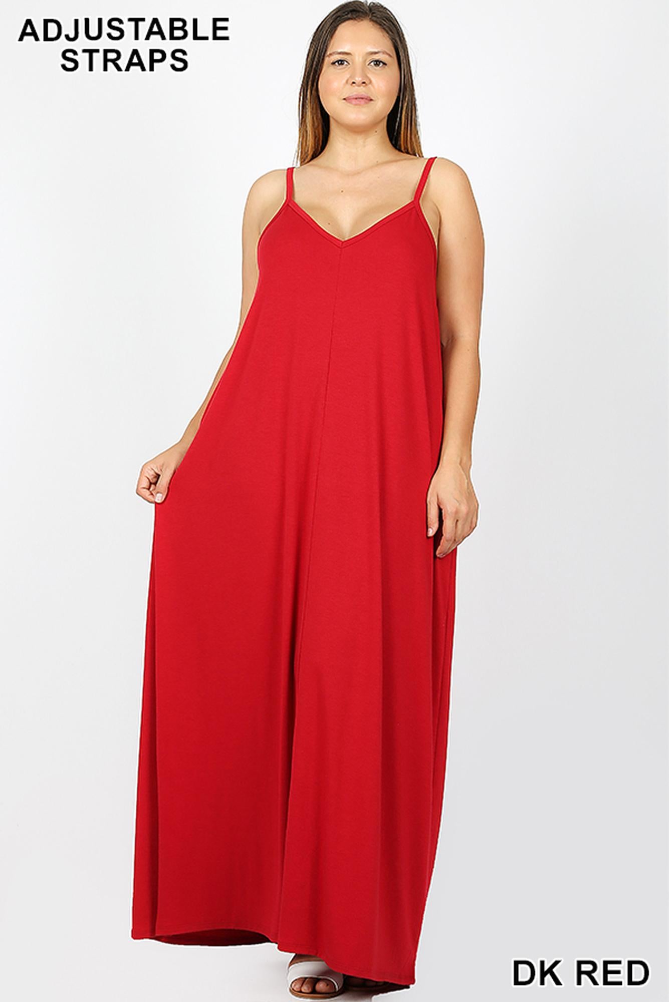 Wholesale Adjustable V-Neck Rayon Plus Size Maxi Dress with Pockets - 51 Inch Length