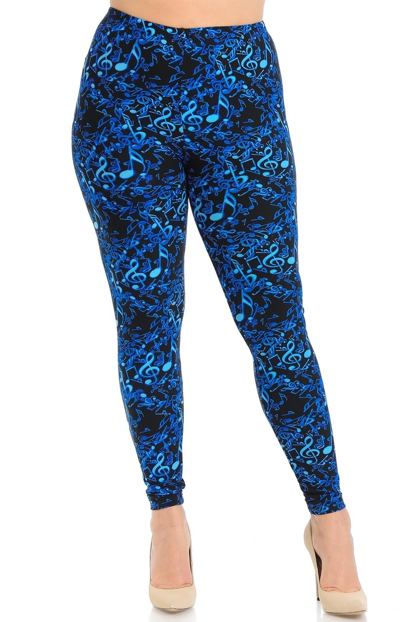 Wholesale Buttery Smooth Electric Blue Music Note Extra Plus Size Leggings - 3X-5X