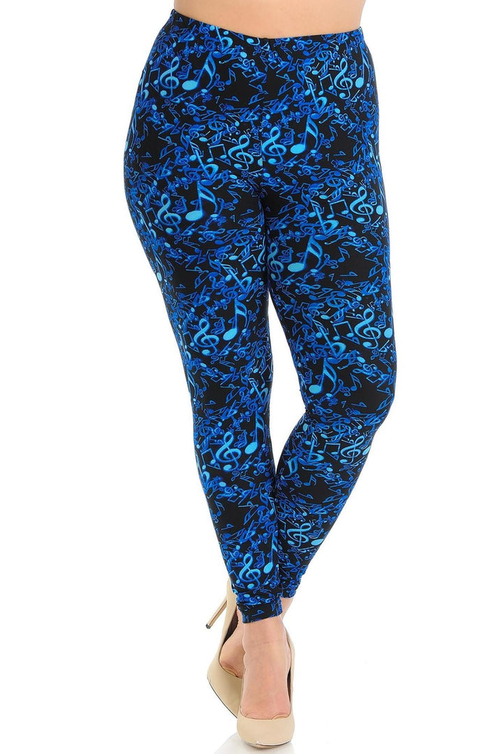 Wholesale Buttery Smooth Electric Blue Music Note Extra Plus Size Leggings - 3X-5X