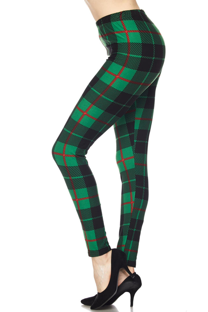 Wholesale Buttery Smooth Green Plaid Extra Plus Size Leggings - 3X-5X