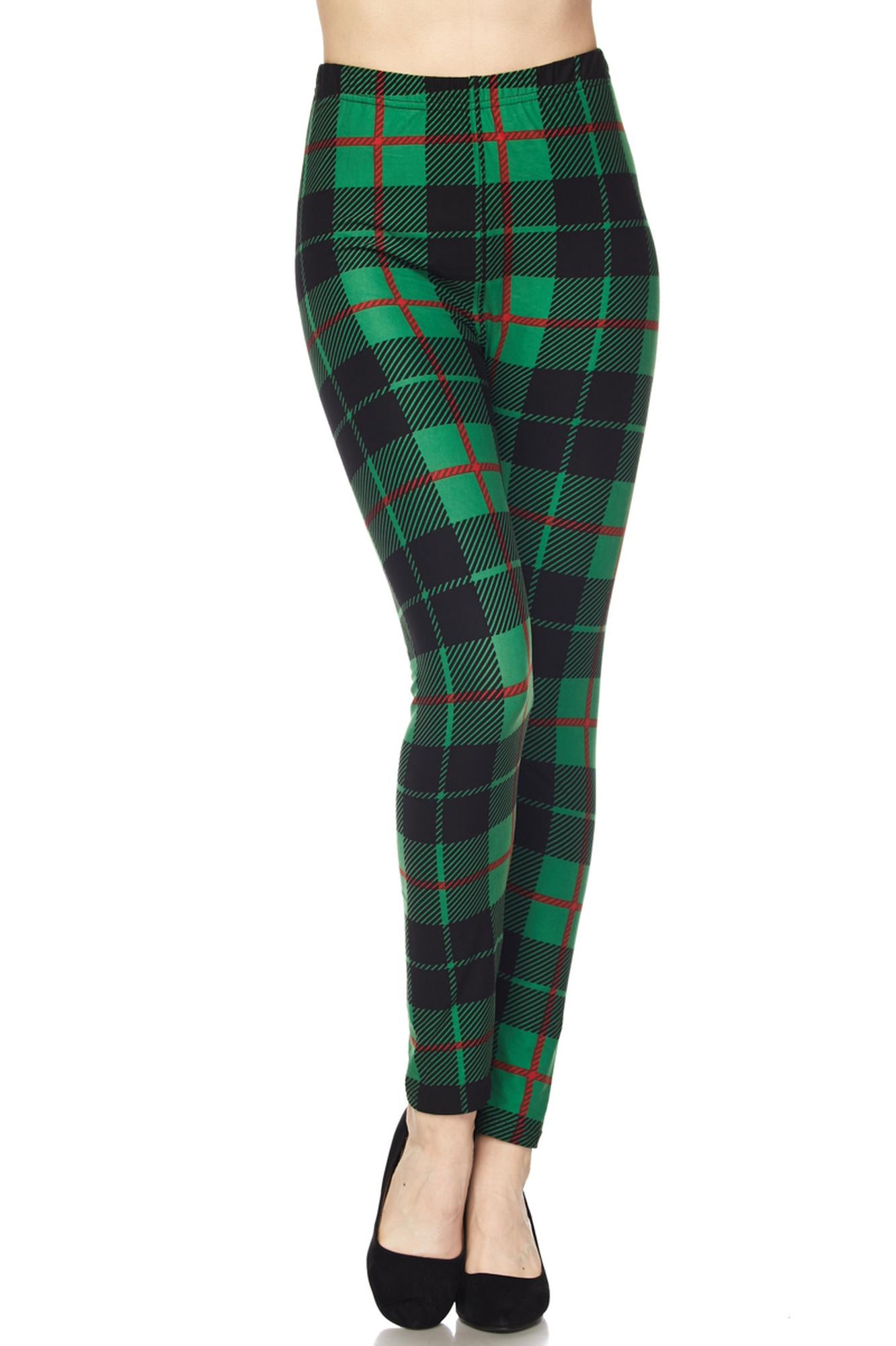 Wholesale Buttery Smooth Green Plaid Extra Plus Size Leggings - 3X-5X