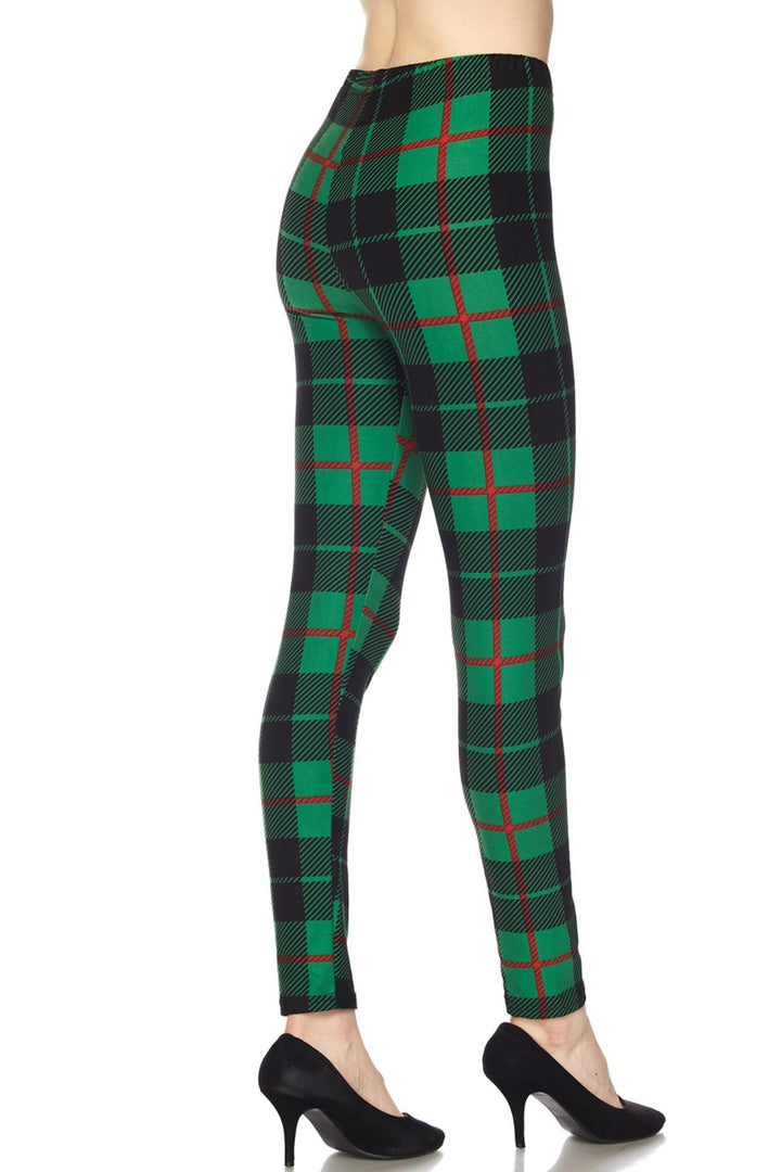 Wholesale Buttery Smooth Green Plaid Extra Plus Size Leggings - 3X-5X