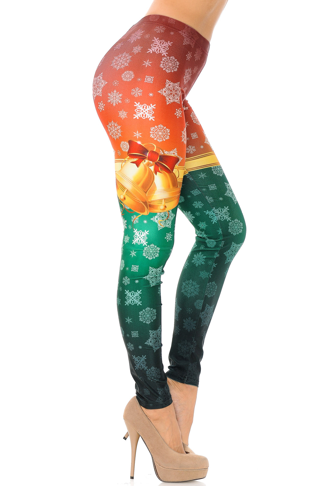 Wholesale Festive Red and Green Split Christmas Bells Leggings