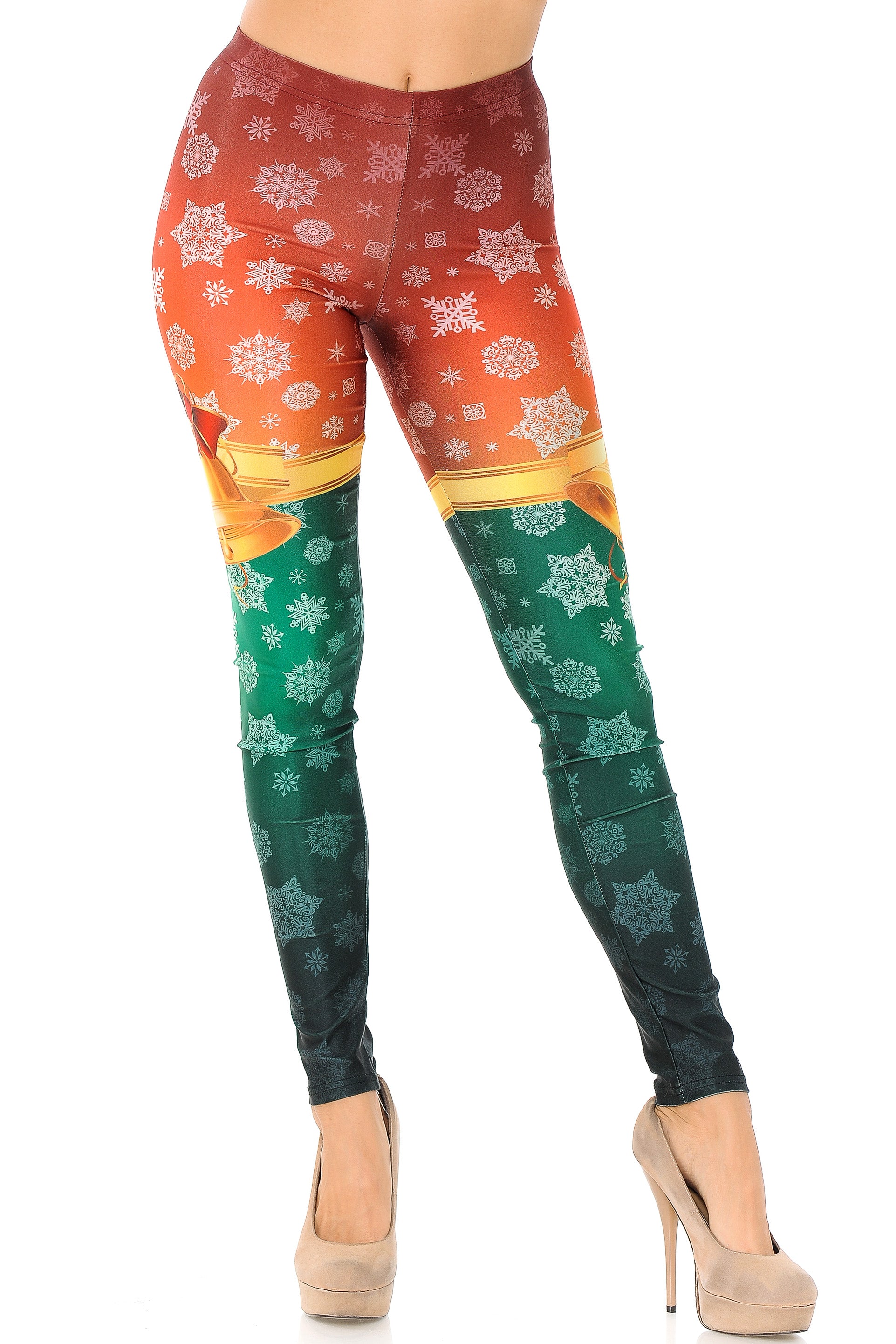 Wholesale Festive Red and Green Split Christmas Bells Plus Size Leggings