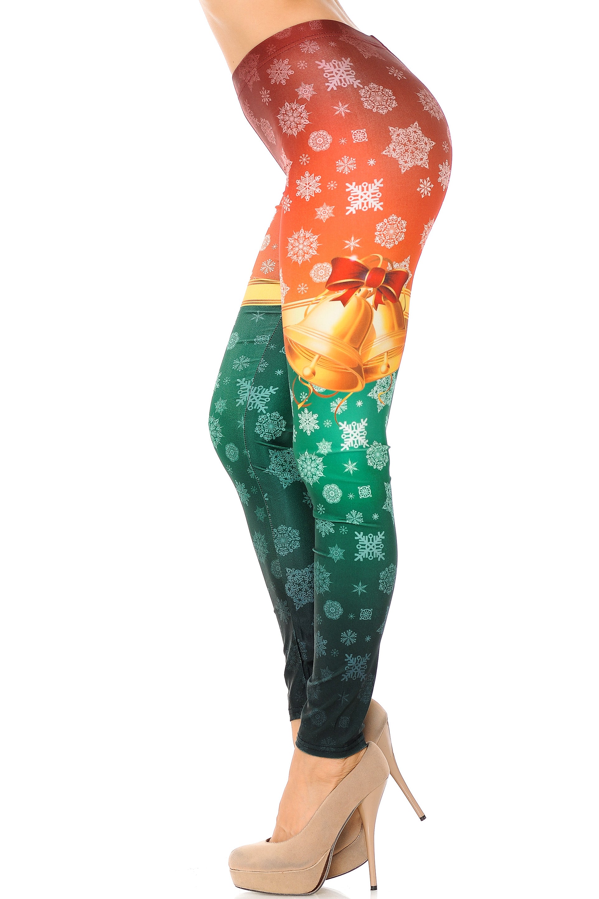 Wholesale Festive Red and Green Split Christmas Bells Plus Size Leggings