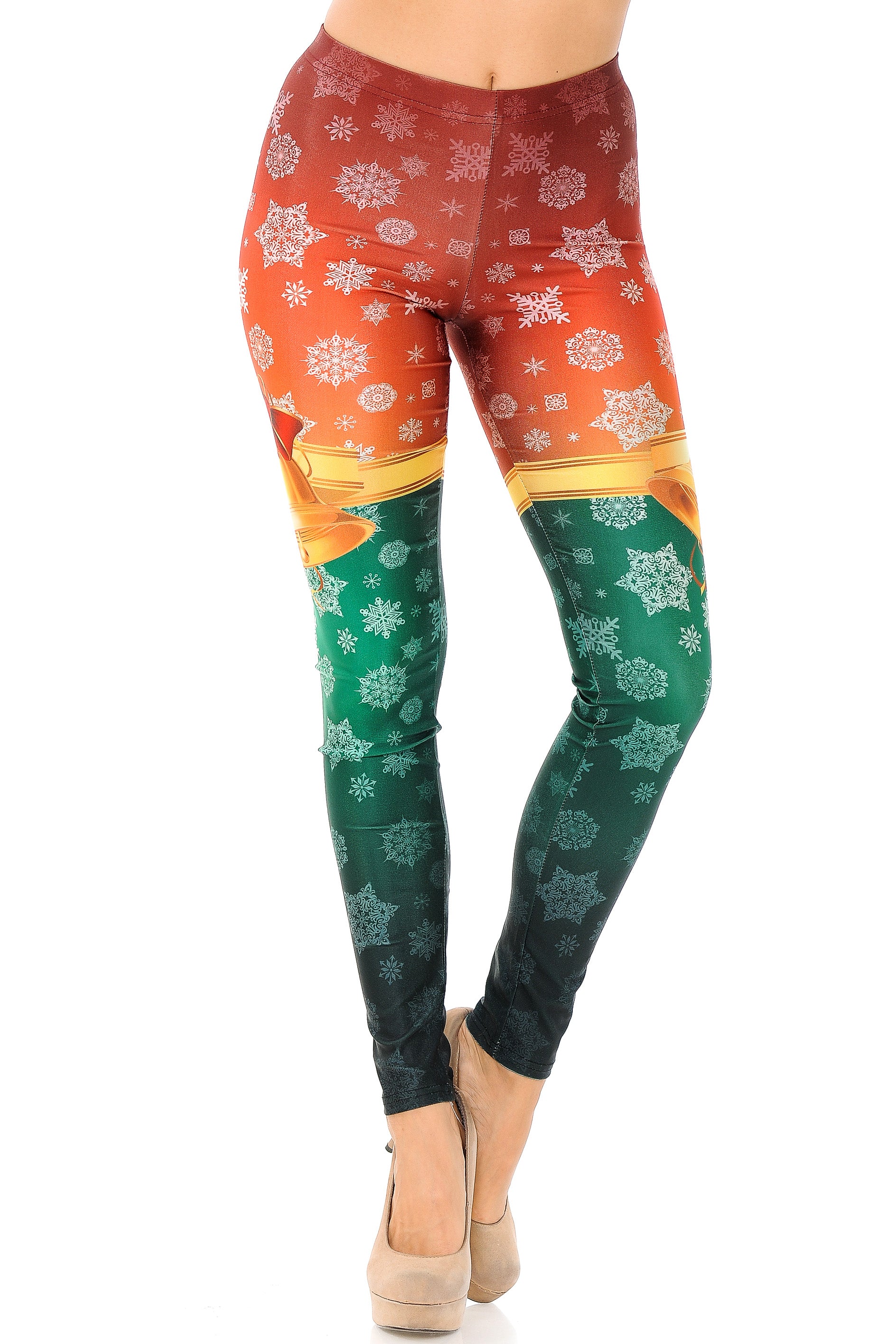 Wholesale Festive Red and Green Split Christmas Bells Plus Size Leggings