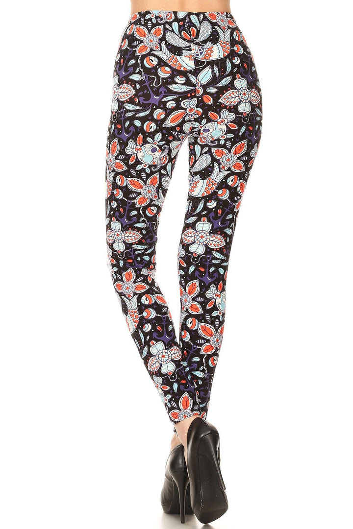 Wholesale Buttery Smooth Nautical Floral Skull Plus Size Leggings