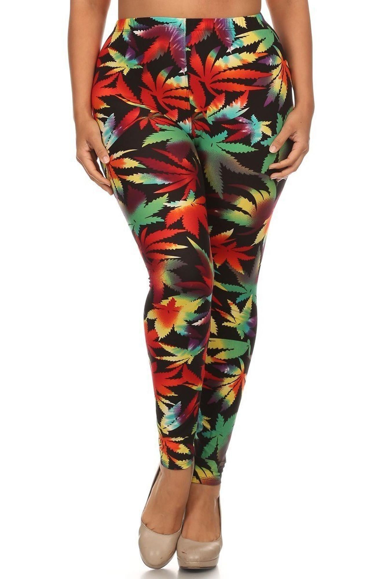 Wholesale Buttery Smooth Rainbow Marijuana Plus Size Leggings
