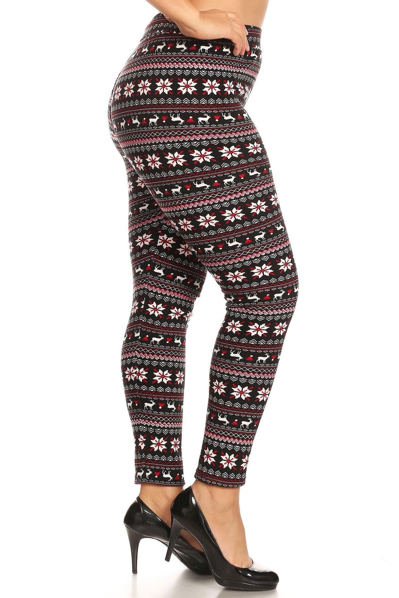 Wholesale Cozy Warm Snowflakes and Reindeer Lined Plus Size Leggings