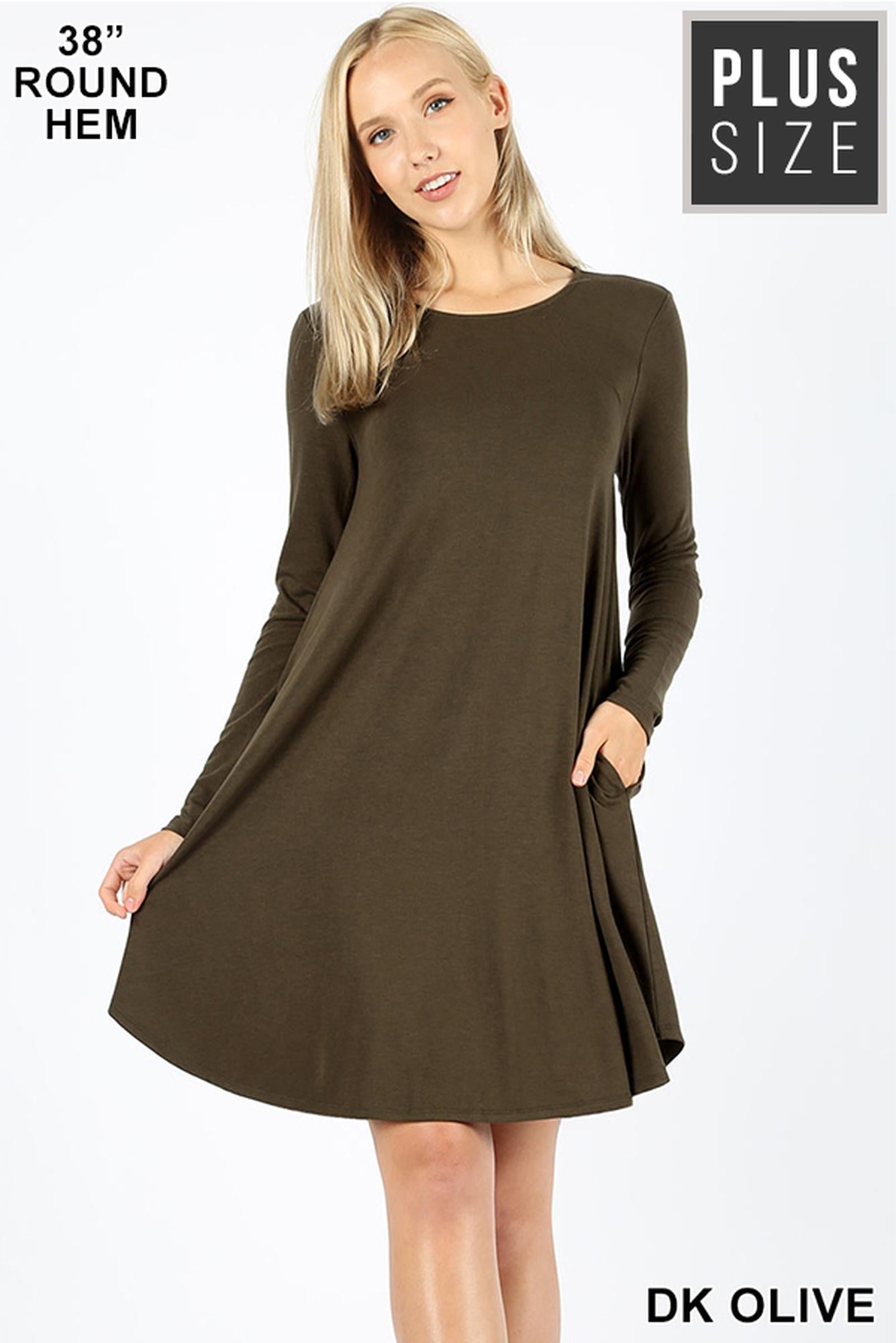 Wholesale Premium Long Sleeve A-Line Round Hem Plus Size Rayon Tunic with Pockets