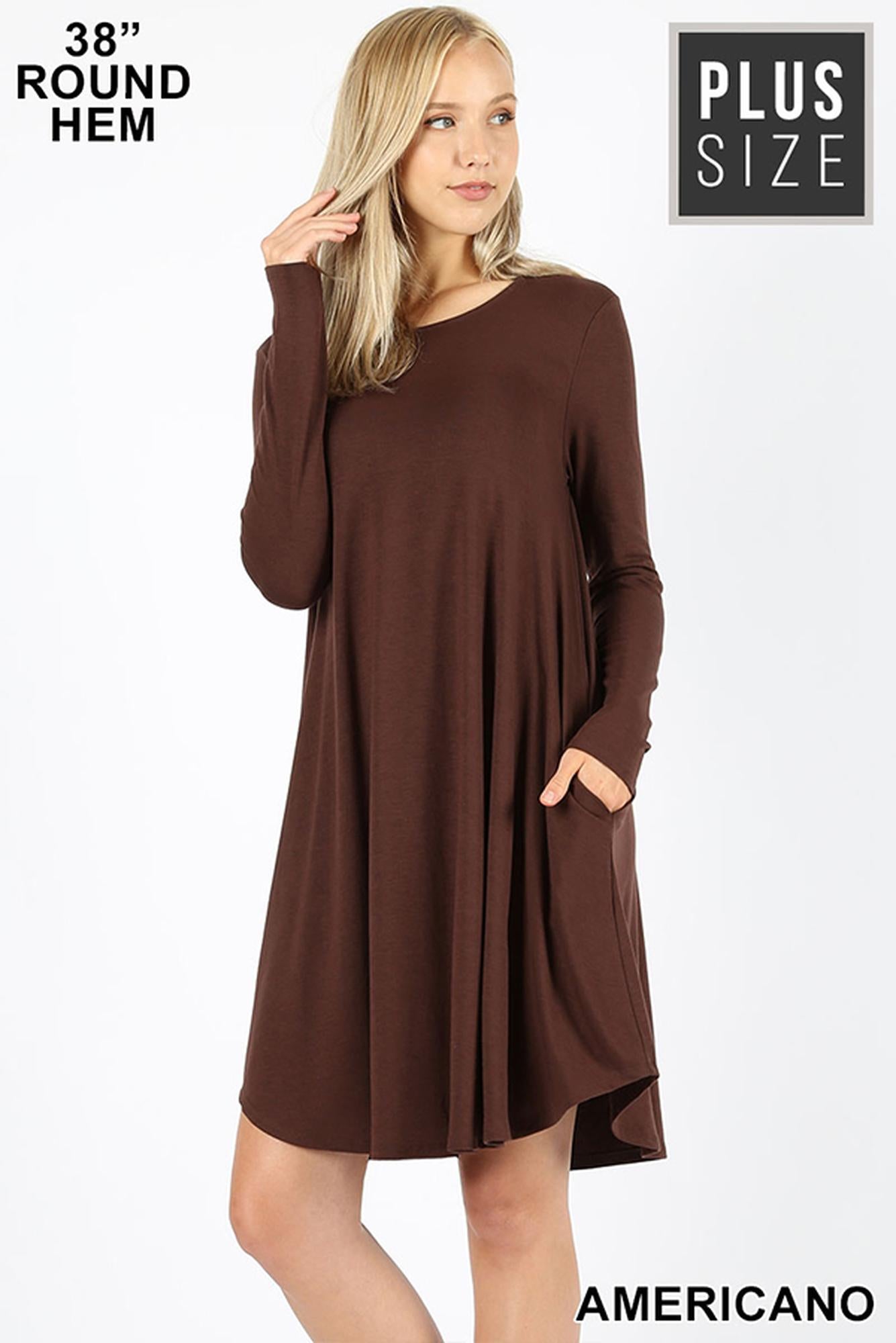 Wholesale Premium Long Sleeve A-Line Round Hem Plus Size Rayon Tunic with Pockets