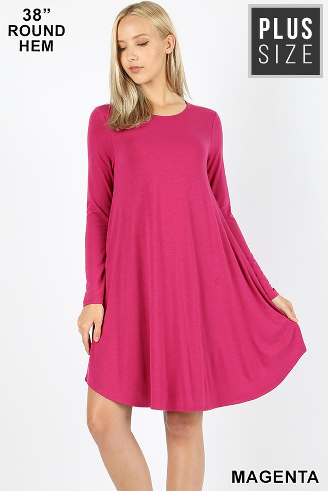Wholesale Premium Long Sleeve A-Line Round Hem Plus Size Rayon Tunic with Pockets