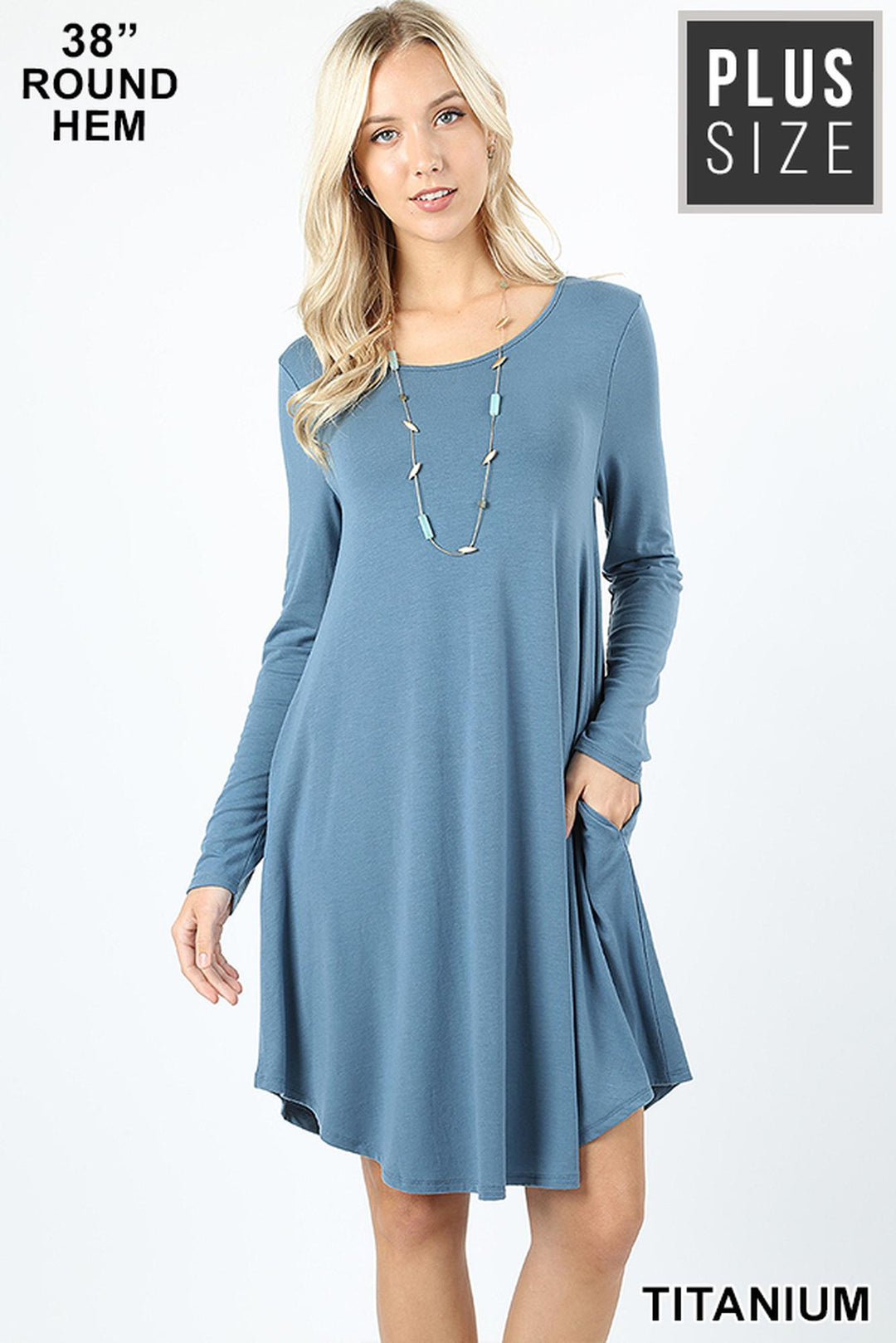 Wholesale Premium Long Sleeve A-Line Round Hem Plus Size Rayon Tunic with Pockets